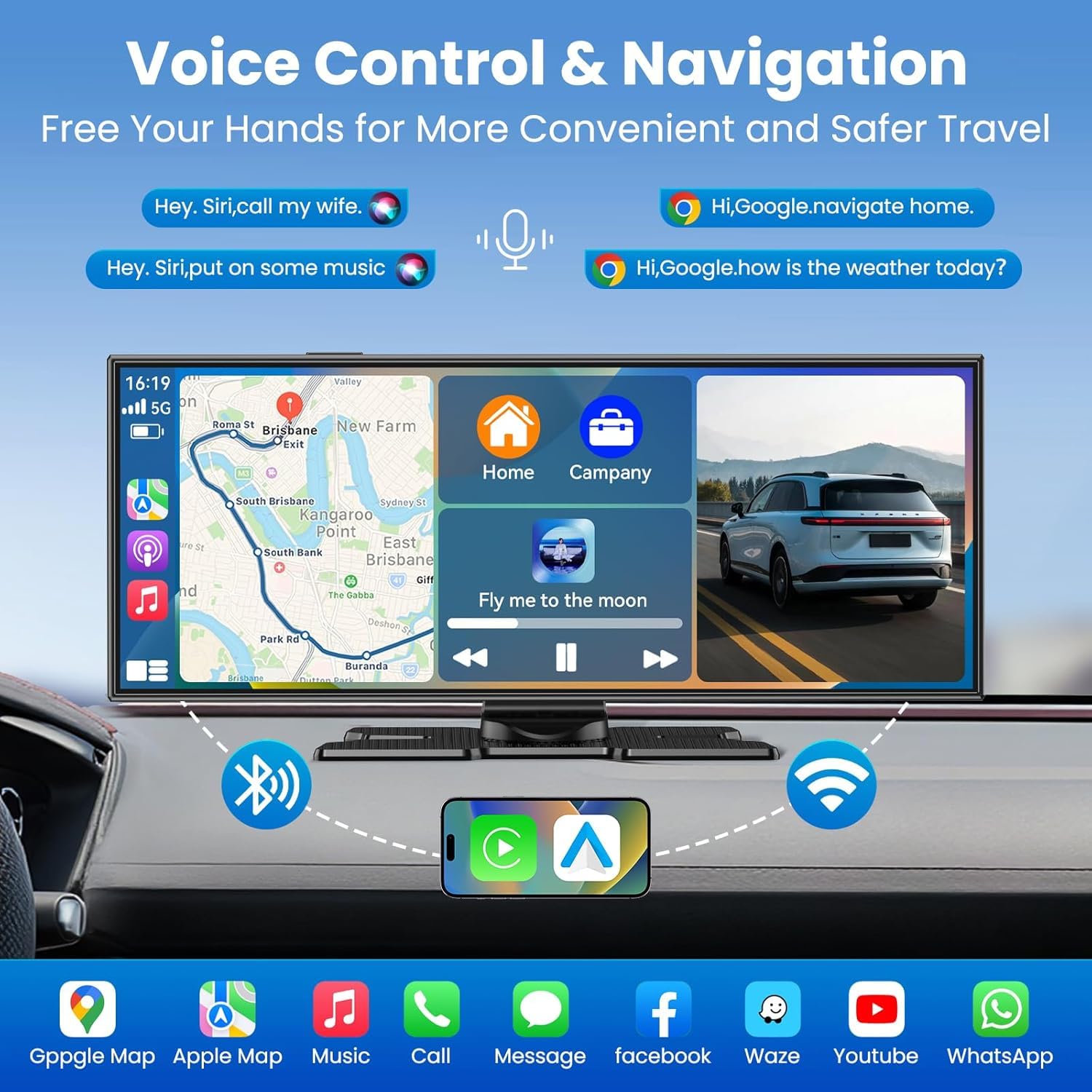 11.5 Zoll CarPlay Display für Apple CarPlay & Android Auto,Car Play IPS Touch Screen Kabelloses Carplay Android Auto Bildschirm mit AUX/FM,4K DashCam,1080P Rückfahrkamera,Mirror Link,Bluetooth