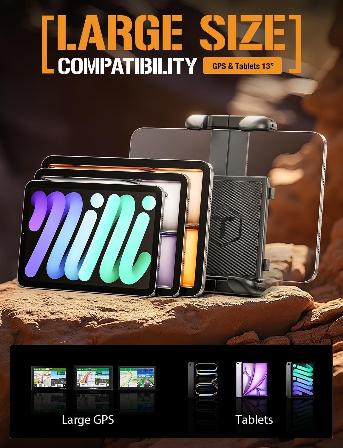 ToughTested Windshield Car Tablet Holder - Heavy-Duty Suction Cup GPS Mount for 5-13" Devices - 360° Rotation, Rugged Gooseneck, Vibration-Free Grip - Ideal for Trucks, SUVs, RVs, Vans & Cars