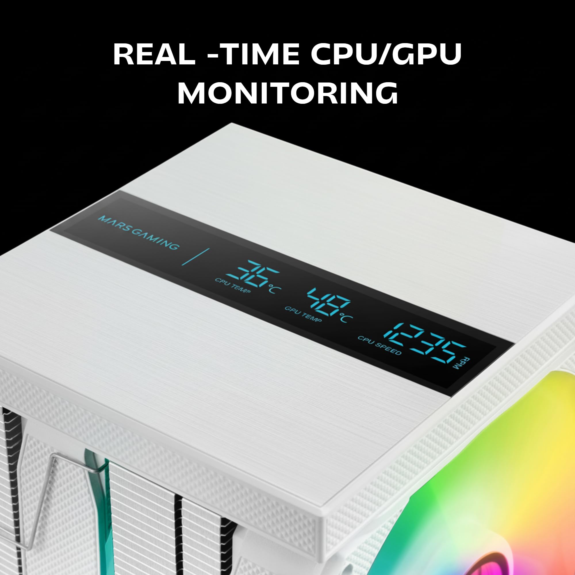 Mars Gaming MCPU-LCDPRO, Podwójny wieżowy radiator CPU 380W TDP, 8x Heatpipes HCT, 2x Wentylatory 120mm PWM FDB, Duży ekran LCD, Oświetlenie ARGB Infinity Mirror, Kompatybilność z Intel i AMD, Biały