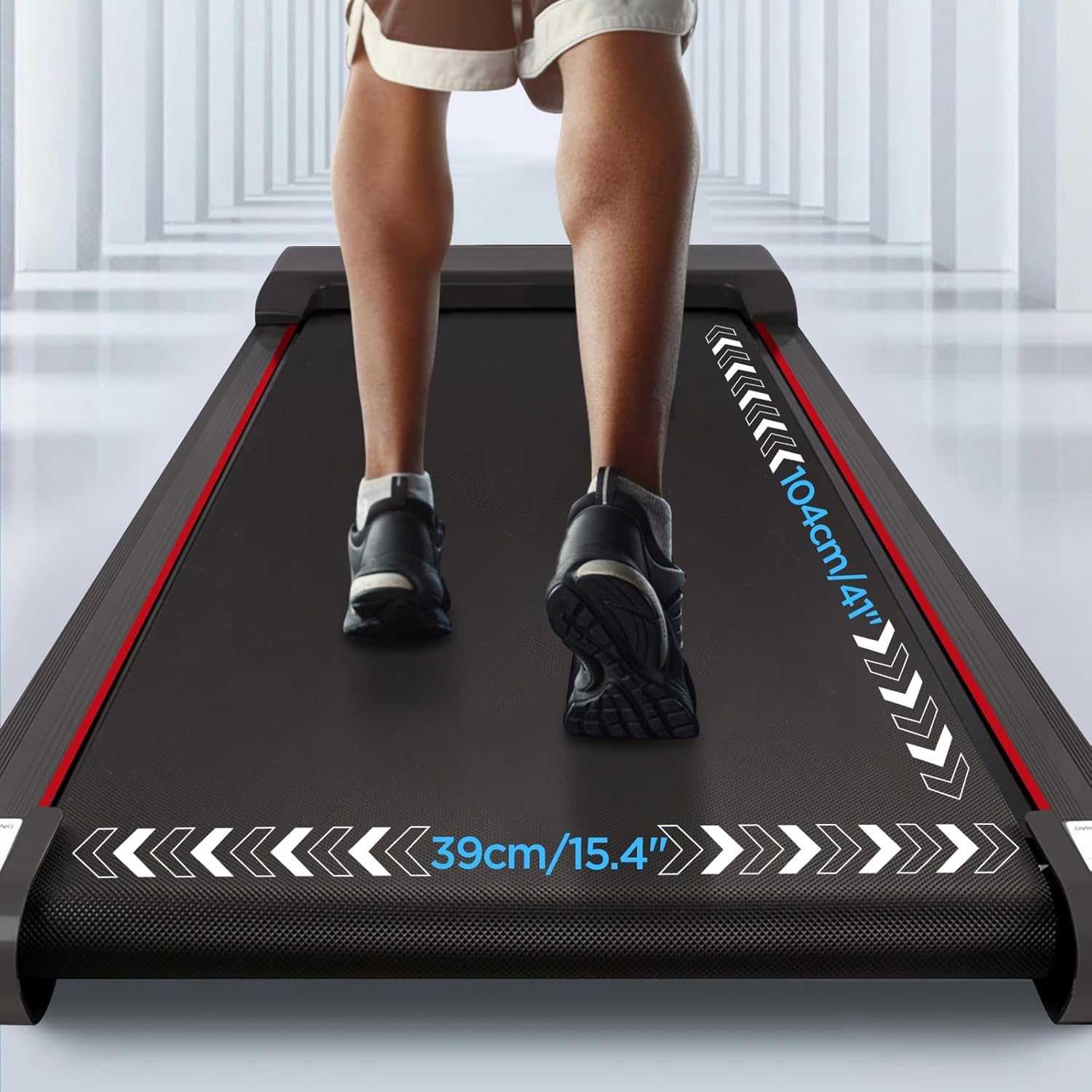 Treadmill belt dimensions showing 104cm (41 inches) length and 39cm (15.4 inches) width