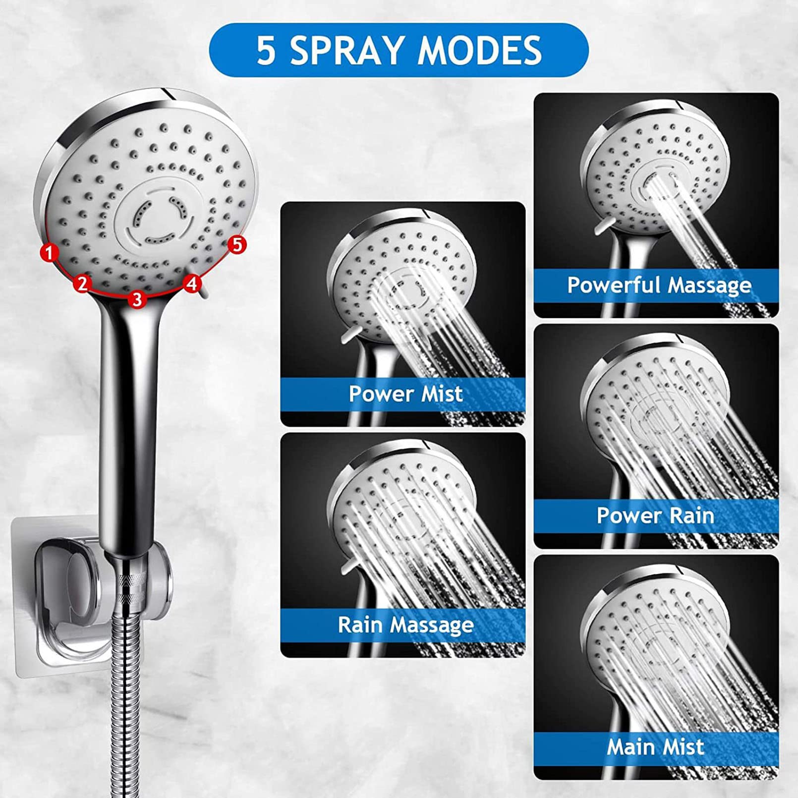 Cabezal de Ducha de Alta presión con rociador de Mano, Sistema Dual 2 en 1 con Soporte Ajustable y Manguera de 60 Pulgadas, Ducha de baño de Flujo montado en la Pared, Acabado crom