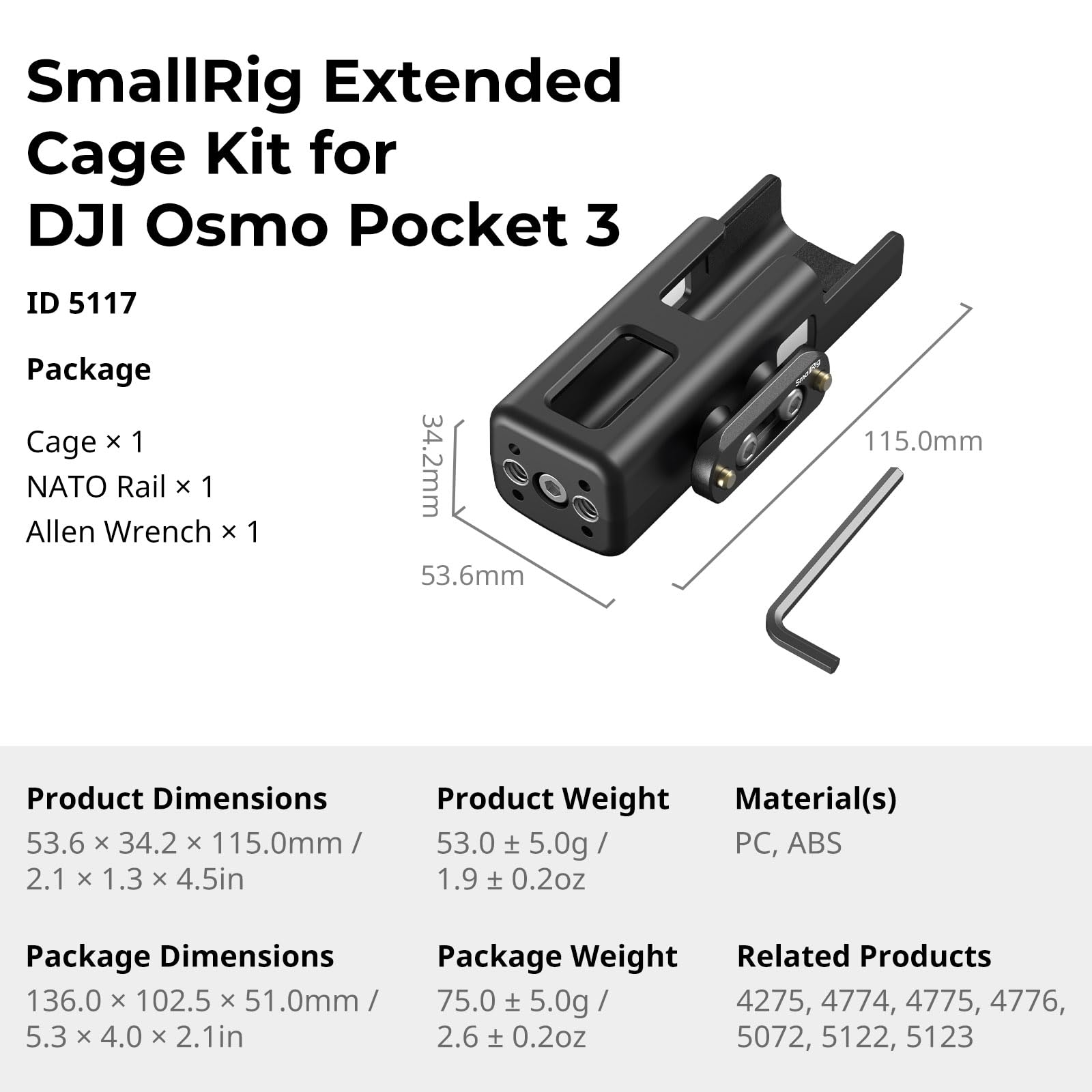 SMALLRIG Erweiterungsadapter-Zubehör für DJI Osmo Pocket 3, Schutzkäfig, mit 1/4"-20-Gewindebohrungen, Halterung für NATO-Schienen, Griffe, Magic Arms - 5117