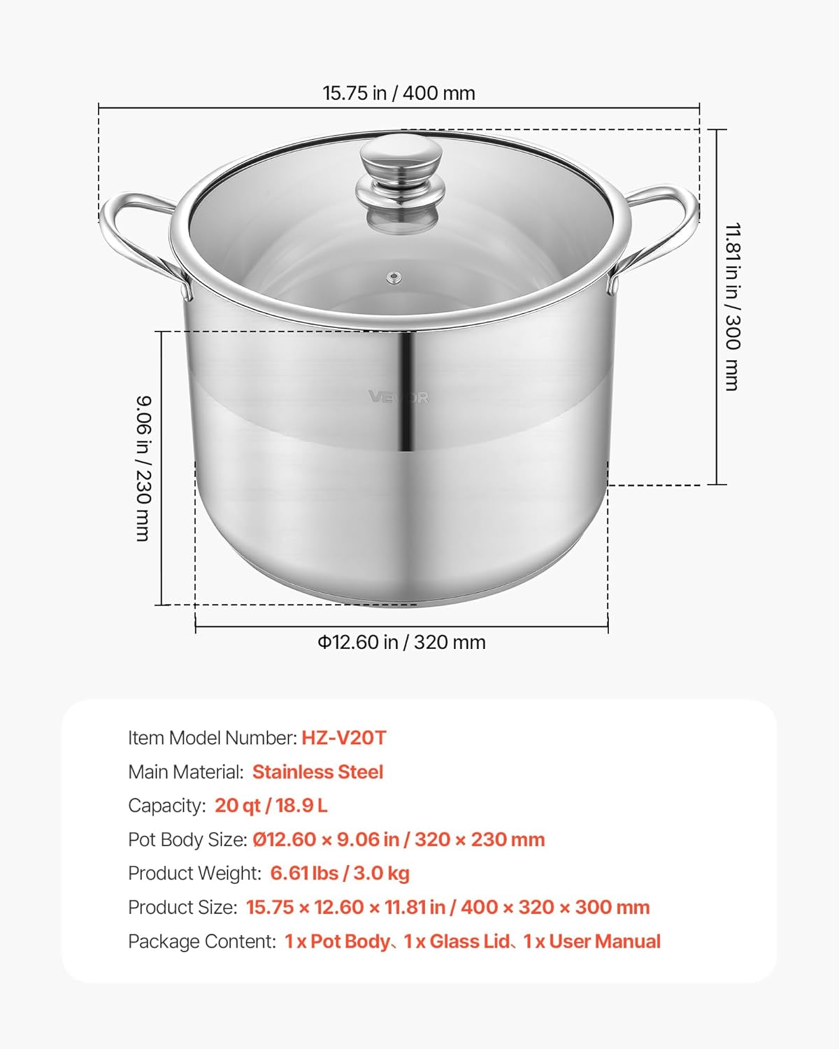 VEVOR Stainless Steel Stock Pot, 16QT Stainless Steel Stockpot with Glass Lid, PFOA-Free, PFAS-Free, Compatible with Gas Stoves, Induction Cooktops, Electric Stoves, for Soups, Stews, and Pasta