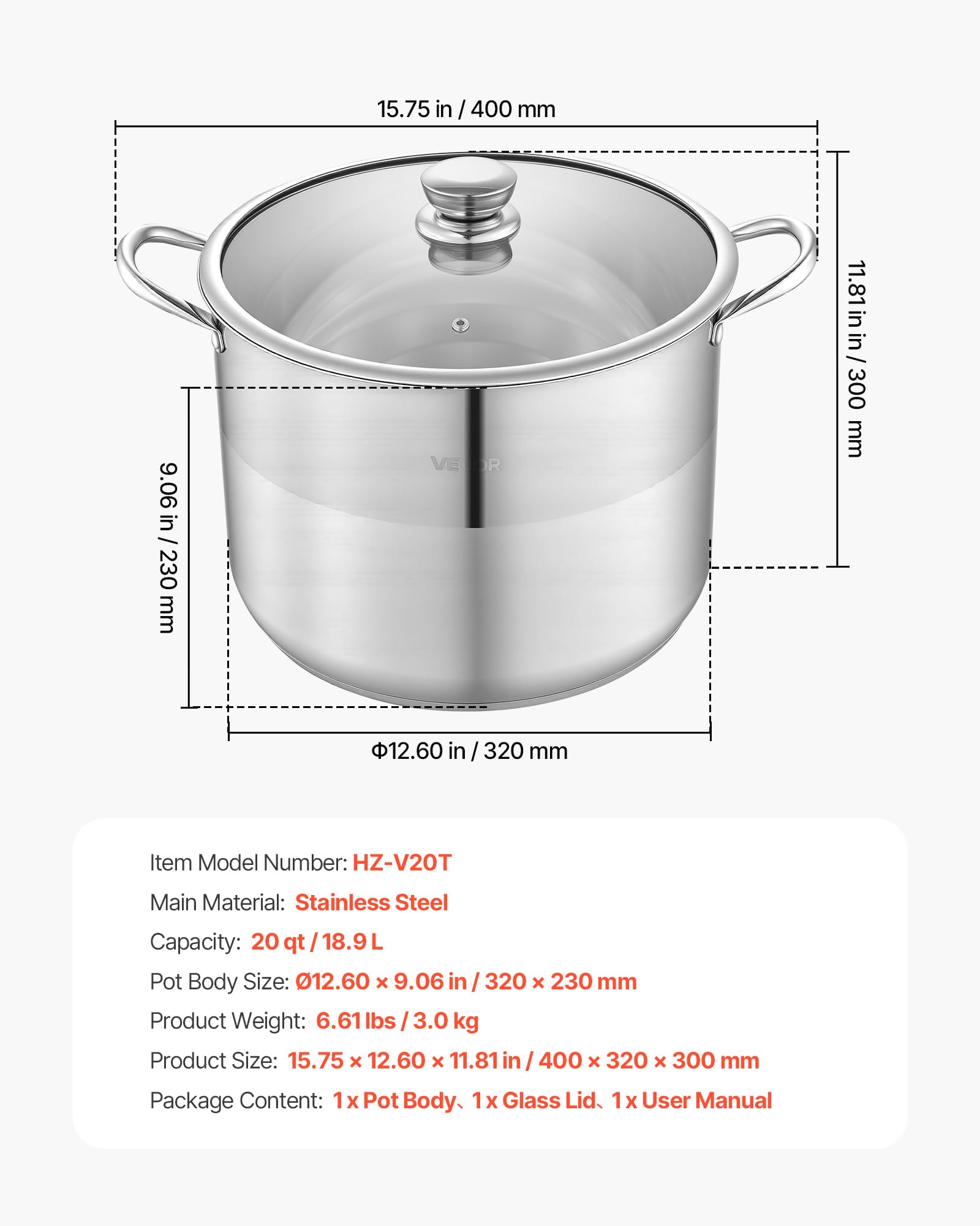 VEVOR Pentola in Acciaio Inox da 15,1 Litri, Casseruola in Acciaio Inox Ø 320x240 mm con Coperchio in Vetro per Cottura da Cucina Brodo, Pasta, Zuppa, Catering Ristorante, Piani Cottura a Gas