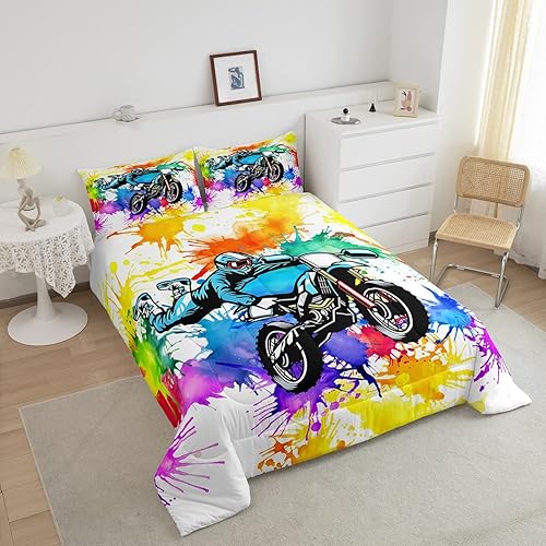 Miniatura 3 de Erosebridal Juego de ropa de cama teñido anudado, juego de edredón deportivo de motocross para niños y adolescentes, edredón de motociclista, arte