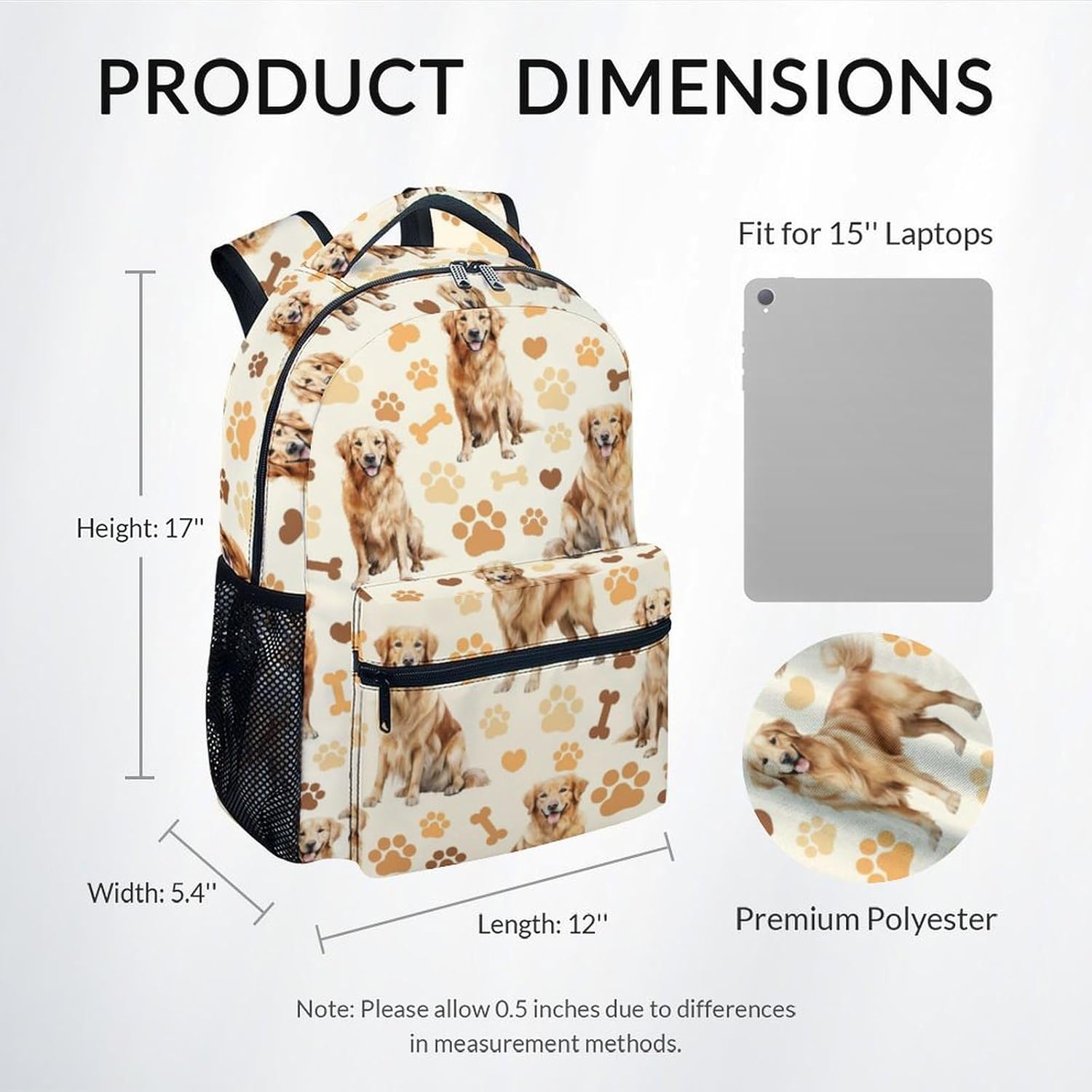 Kids Backpack, Cute Dog Bookbag for Elementary Middle, 17 Inch Golden Retrievers School Bag for School Travel