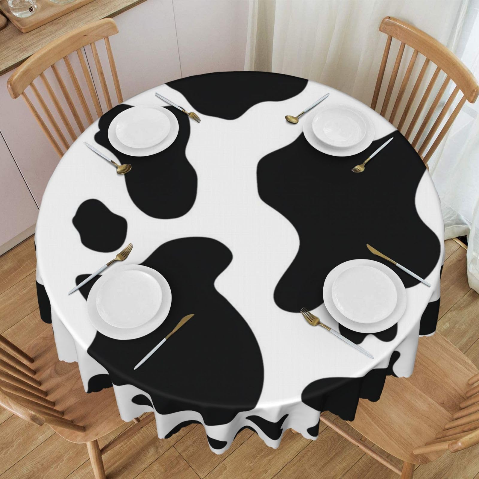 DCEHGEW 60 In Round Tablecloth with Lace, Black And White Cow Printed Oilproof & Washable Fabric Picnic Table Cloth Table Covers
