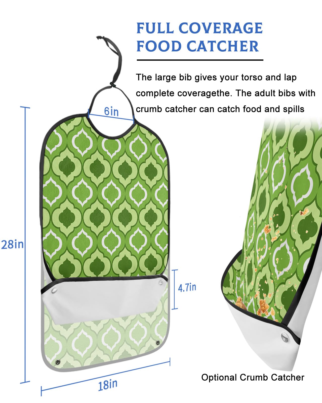 Green Geometric Adult Bibs for Eating, Waterproof Bibs with Food Catcher & Adjustable Snap Closure, Quatrefoil Trellis Moroccan Pattern Washable Clothing Protectors Adult Bibs for Elderly Women/Men