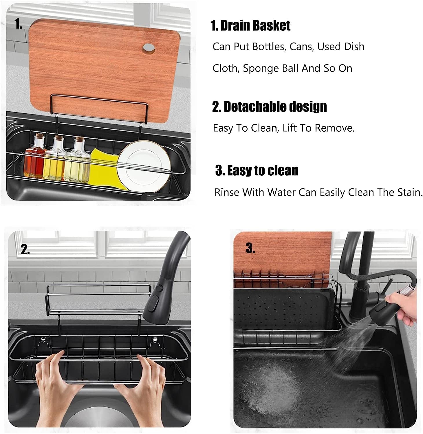 Fregadero De Barra De Cocina Negro Grande con Grifo Extraíble, Grifo Purificador, Kits De Drenaje E Instalación, Fregadero De Cocina De Un Seno De Acero Inoxidable Espesado 304, Fregadero De