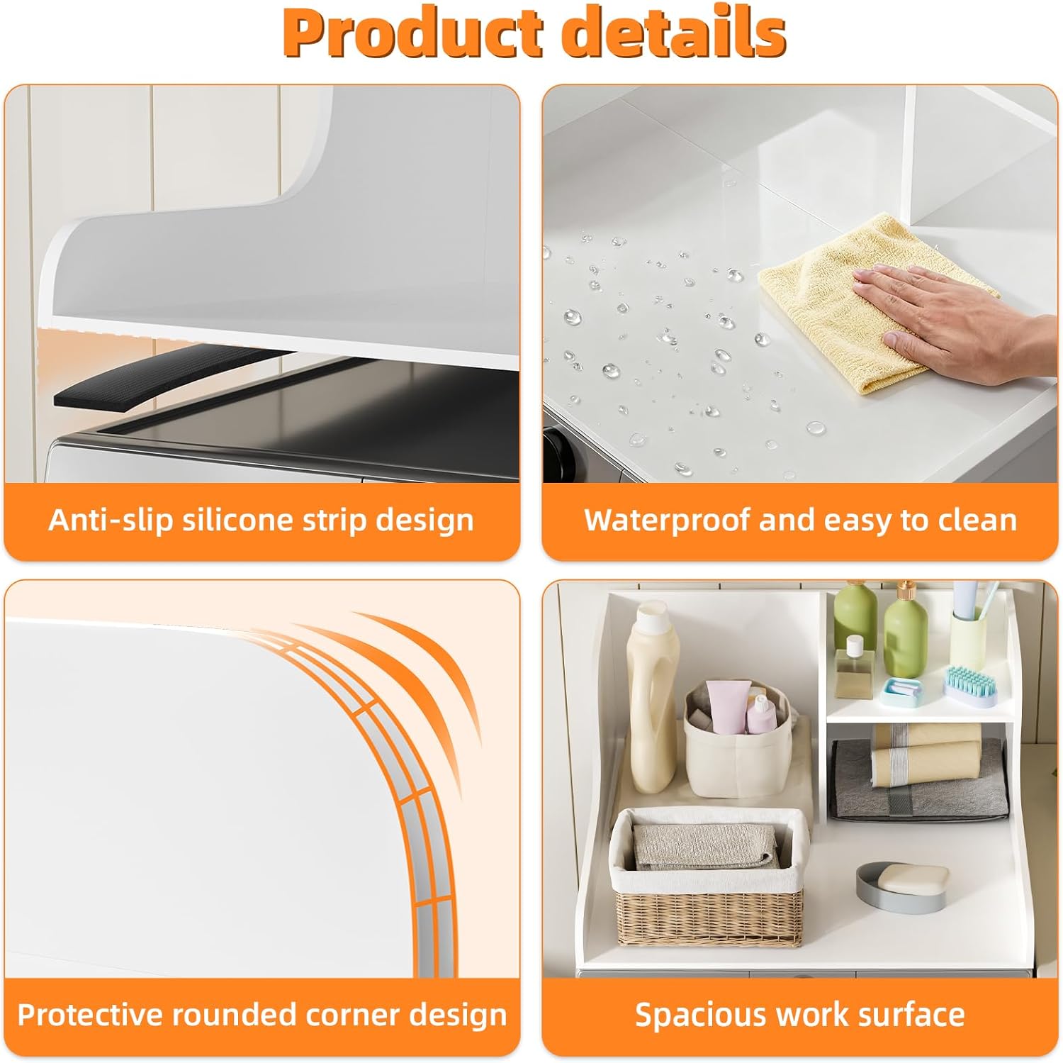 Washer Dryer Countertop with Shelf, Solid Wood Laundry Countertop with Anti-Slip Strips & Edge Rails, 27.5" Topper for Single Washer or Dryer, Home Laundry Room Organization