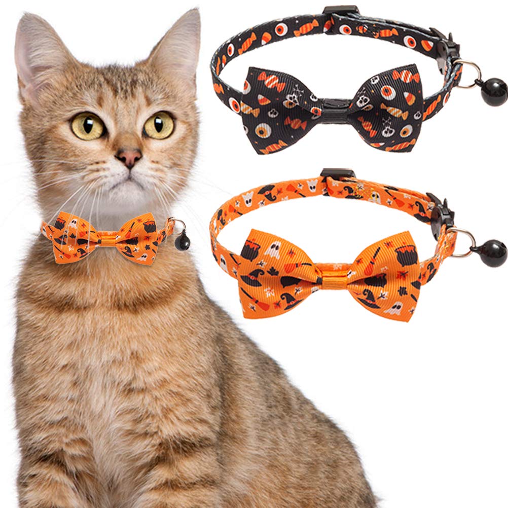 KOOLTAIL Halloween Cat Collar Breakaway with Bell - 2 Pack Bowtie Cat Collars - Cute Adjustable Collars with Safety Buckle for Indoor Outdoor Kittens