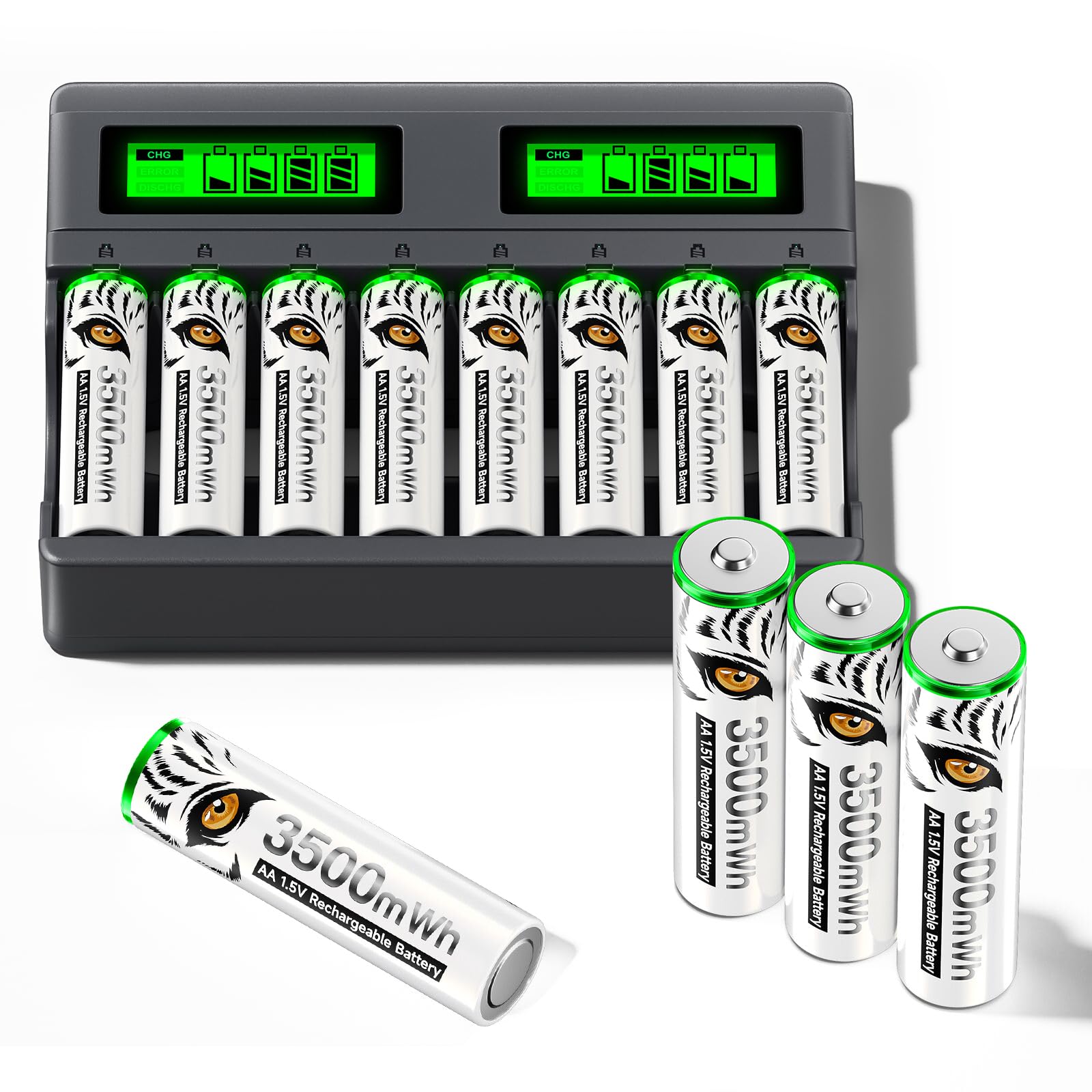 1,5V 3500mWh Lithium Akku AA wiederaufladbar mit Ladegerät, 8 Slots USB -C Unabhängiges Laden LCD Intelligent Schnell Ladegerät Type-C, mit 8 Stück Batterien AA