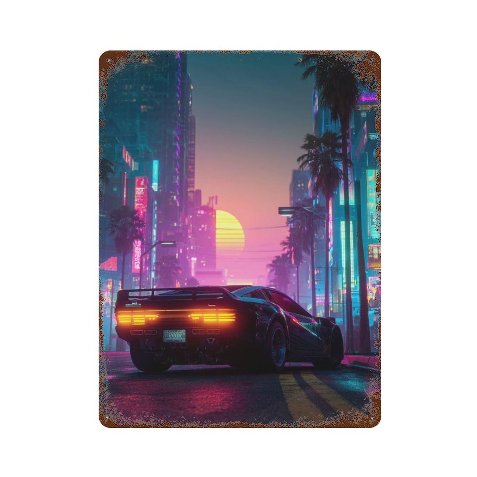 Neon Cityscape-2 Rusty Metal Tin Sign 15.7"x11.8", Rustic Home Decor for Garage, Pub Or Kitchen
