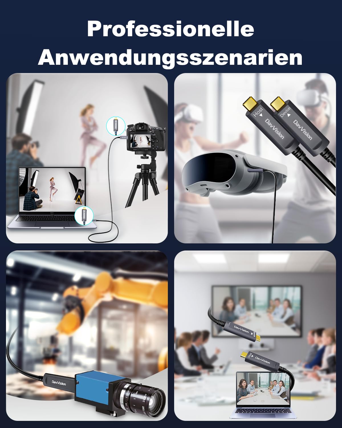 USB C Glasfaserkabel 10m, 10 Gbps USB 3.2 Gen2 Type C Kabel mit deutschem SiliconLine-Chip, ultradünn und lange Distanz für Logitech 4K Kamera, VR/AR, Videokonferenz, Industrie-System