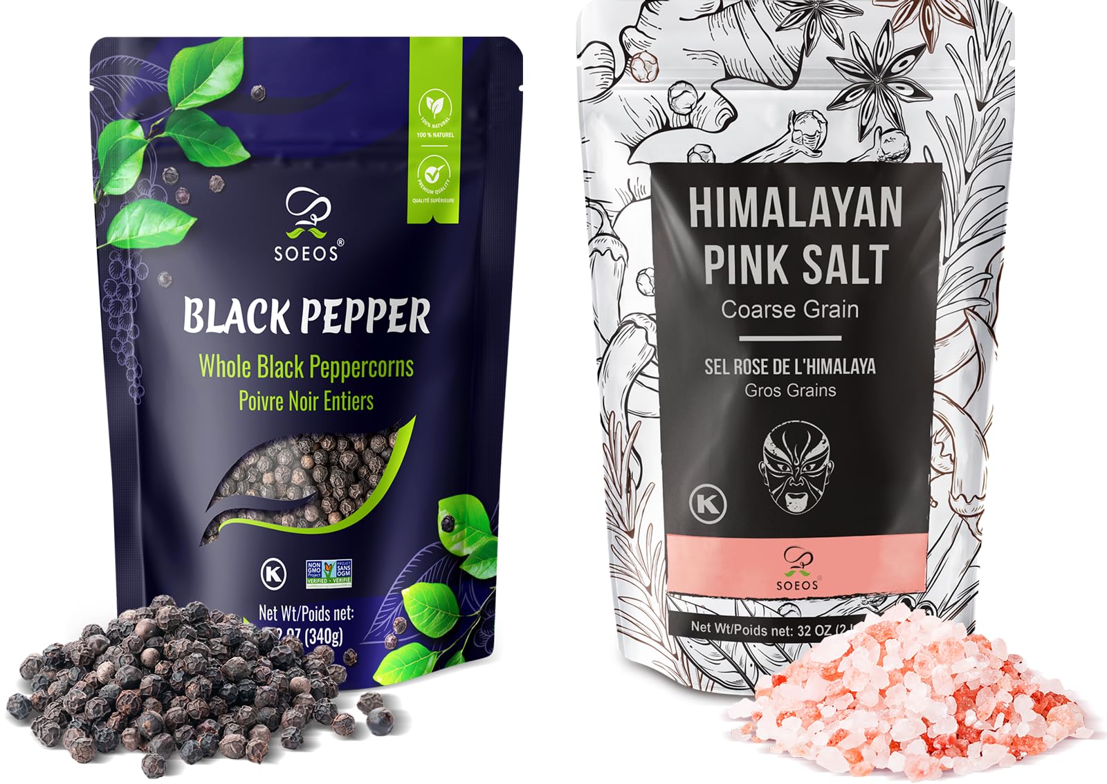Soeos Whole Black Peppercorns 12oz + Himalayan Pink Salt 2lb, Salt and Pepper for Grinders, Black Peppercorn Refil, Pink Himalayan Sea Salt, 2 Piece Set