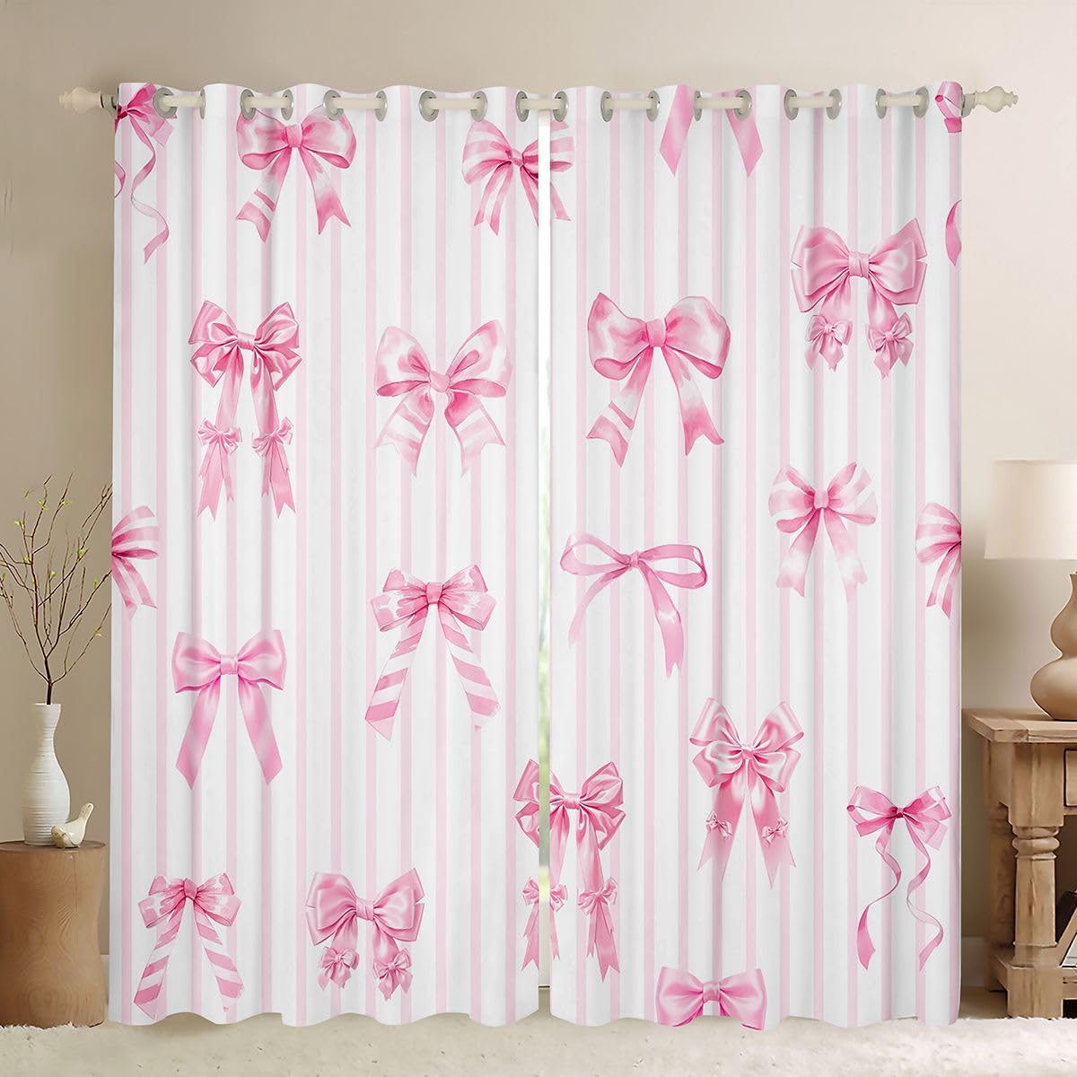 Homemissing Cortinas opacas de satén con lazo rosa para dormitorio, sala de estar, cortinas opacas con lazo de satén de princesa, cortinas de oscurecimiento kawaii coqueta, 2 paneles de 66 pulgadas de