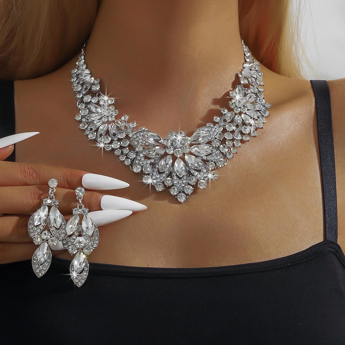 Women Jewelry Set Rhinestone Crystal Statement Necklace Bride Rib Choker Necklace Floral Beaded Collar Neklcace Cluster Dangle Earrings Set for Wedding Party - Image 3