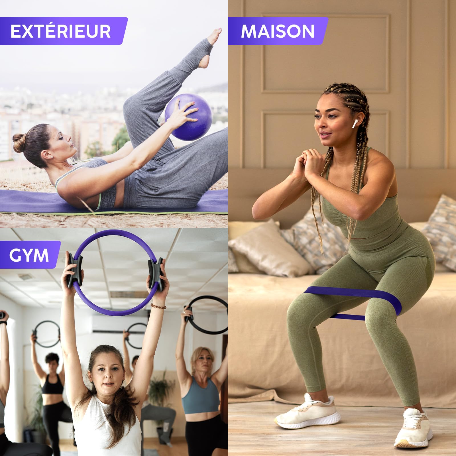 Kit Pilates Maison – Cercle Pilates Accessoires avec Mini Ballon, 4 Bandes de Résistance, Poster & Sac – Équipement pour Renforcement Musculaire, Gainage & Yoga à Domicile