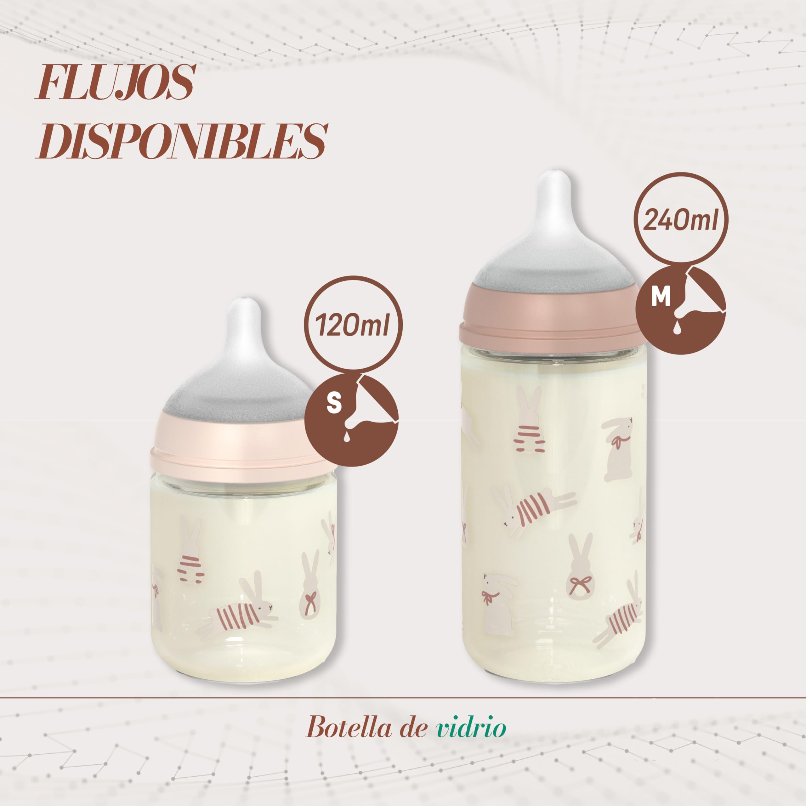 Suavinex, Confezione da 2 biberon in vetro, tettarella in silicone SX Pro con valvola anticoliche, biberon da 120 ml a flusso lento (S) + biberon da 240 ml a flusso medio (M), +0 mesi, Wonder Rosa