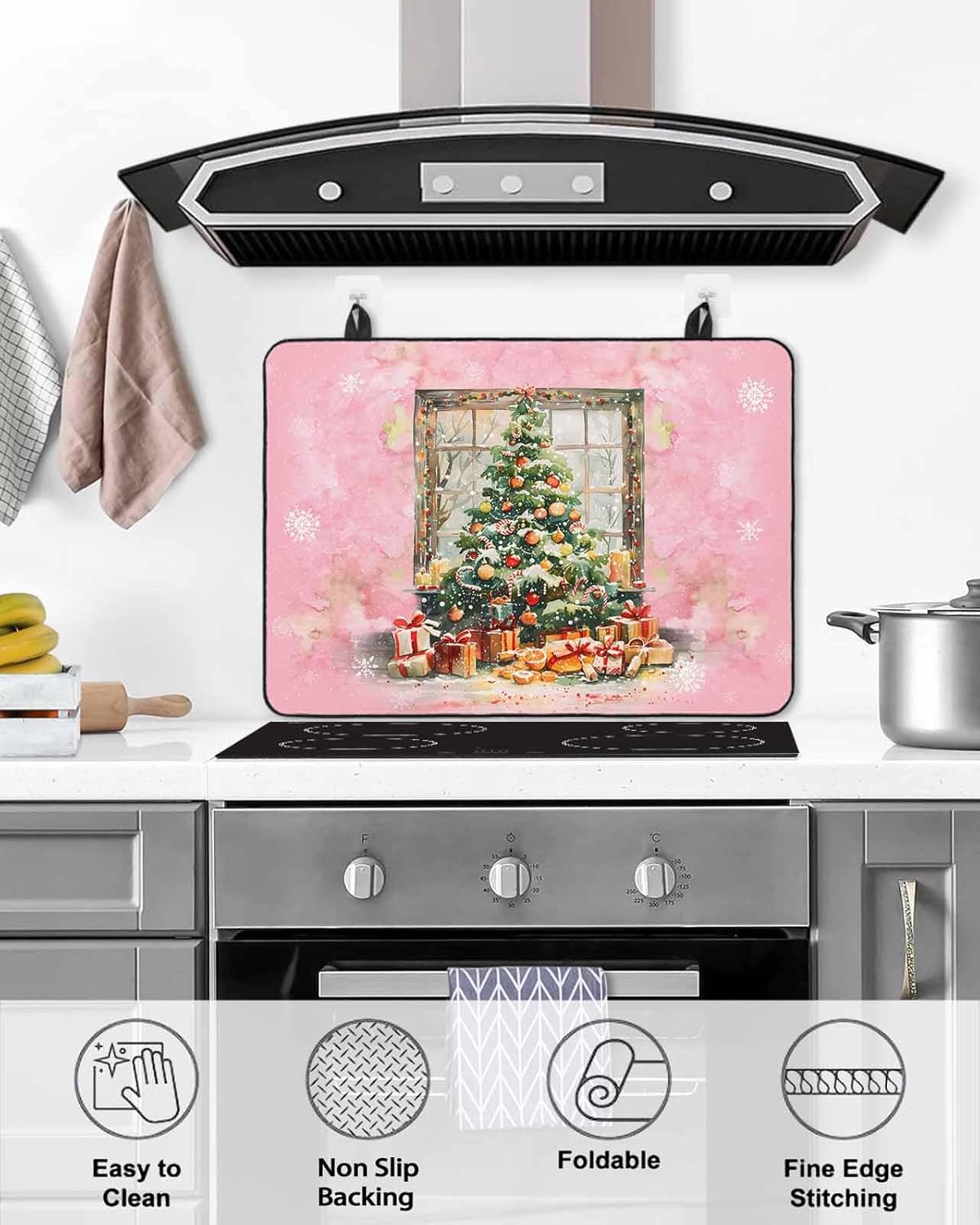 Stove Cover, Stove Top Covers for Electric Stove, Christmas Pink Xmas Tree Ball Fruits Snowflake Large Cooktop Cover Protector Heat Foldable Rubber Anti-Slip Mat for Glass Stove Top 36"x21"