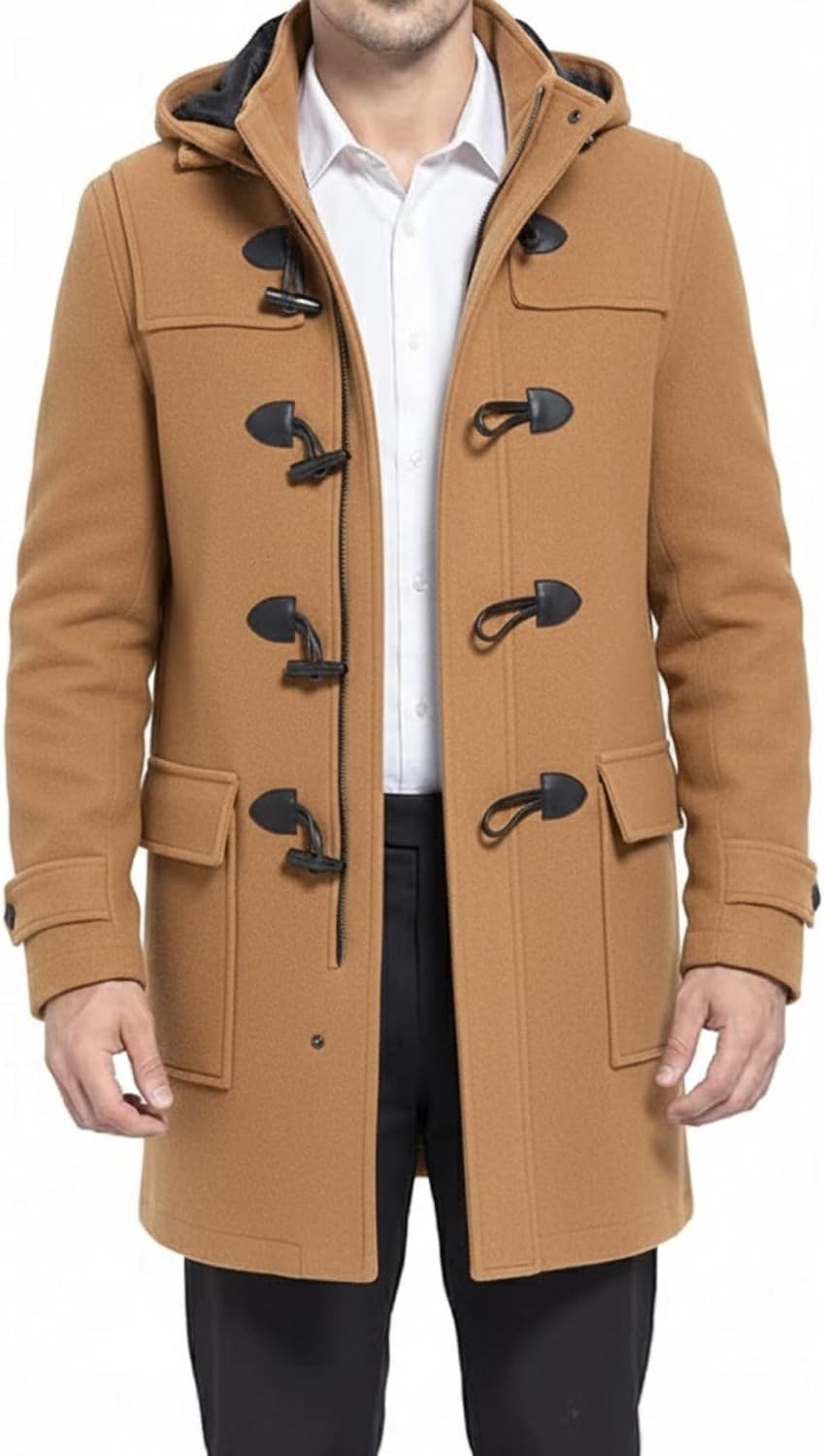 SBL SOUTH BEACH LEATHER Men’s Black Duffle Coat with Hood - Winter Wool Blend Long Car Coat - Toggle Button Closure (US, Alpha, X-Large, Regular, Regular, Camel)