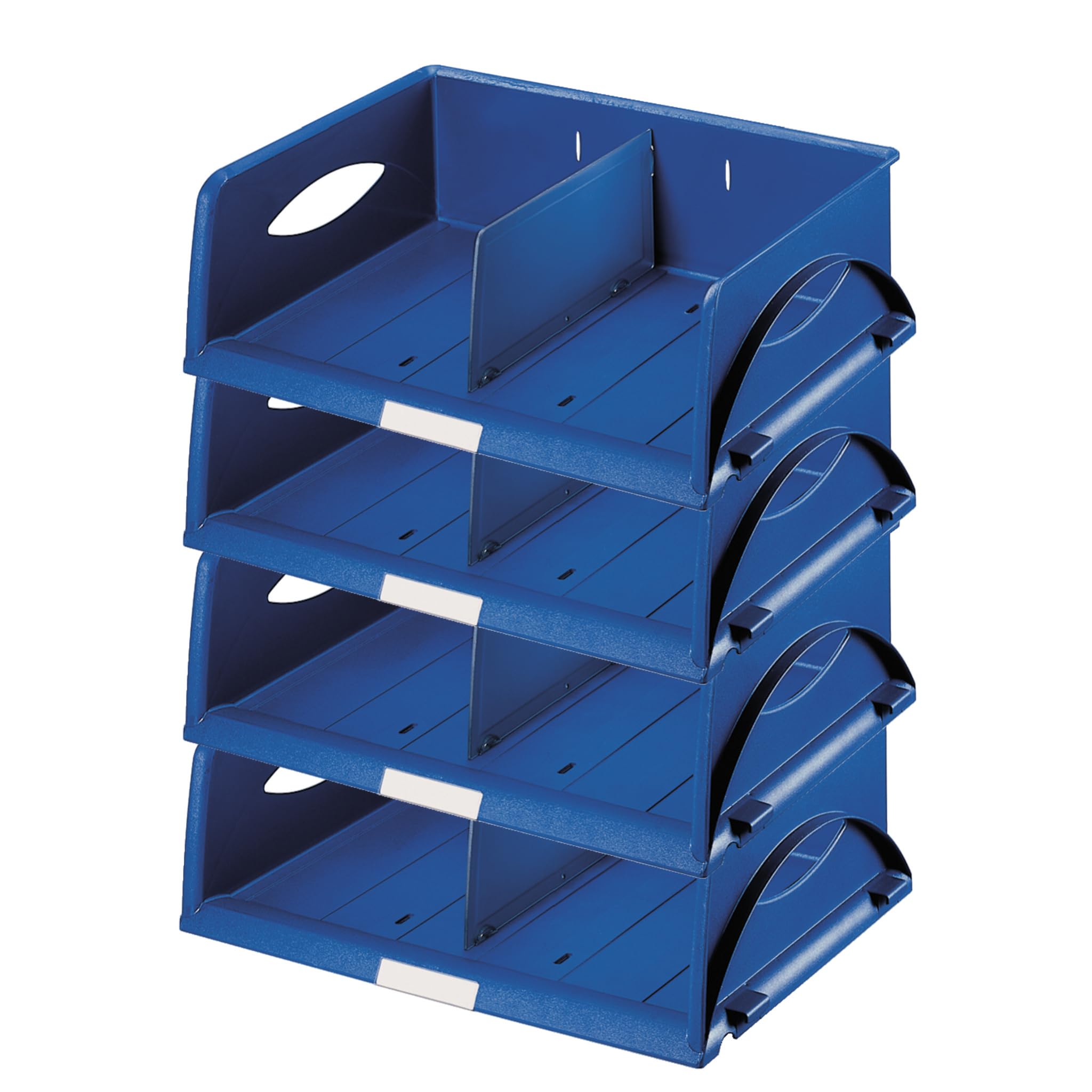 Rangement de bureau efficace grâce au lot de 4 corbeilles paysage A4 Maxi Leitz Sorty bleu