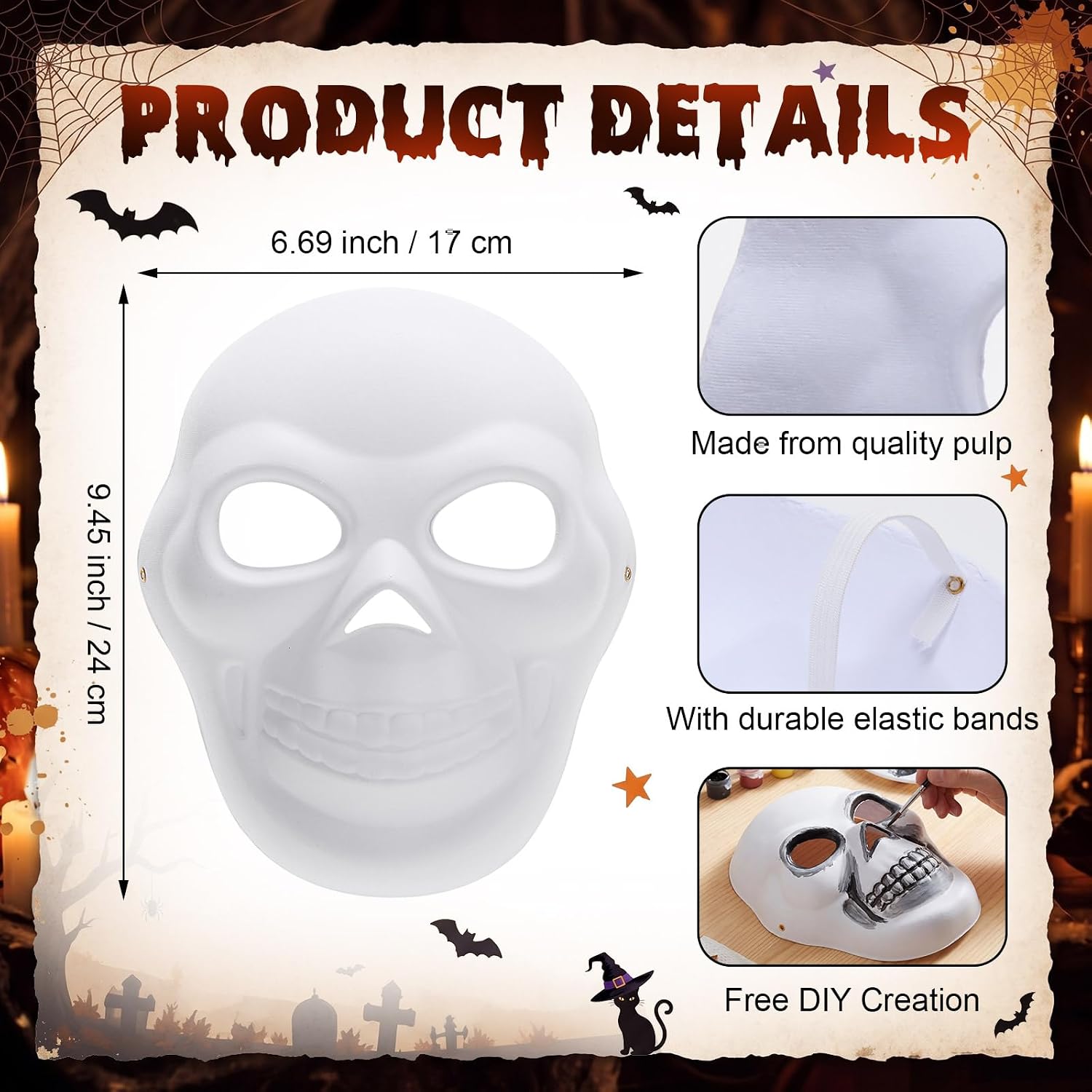 Junkin 50 Pcs Halloween DIY Skull Masks Bulk, Full Face White Blank Masks