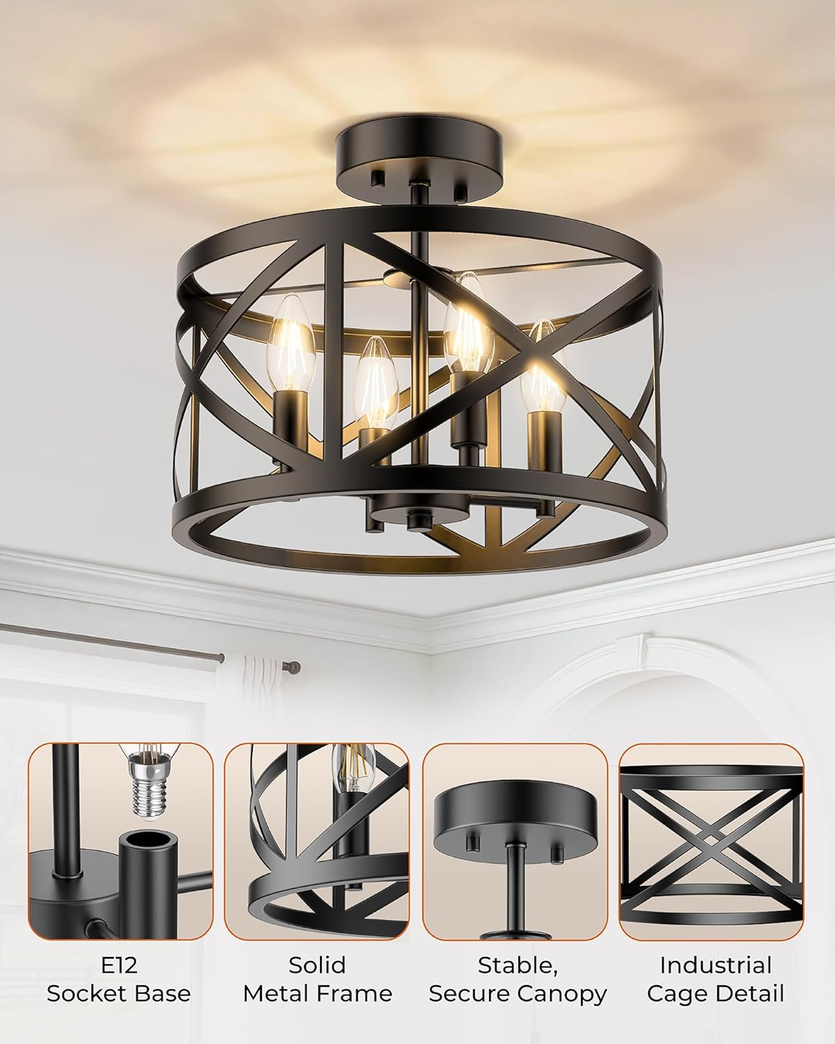 Matane Semi Flush Mount Ceiling Light, 4-Light 12inch Farmhouse Modern Light Fixture with X-Shape Cage, Industrial Rustic Ceiling Lamp for Kitchen, Dining Room, Bedroom, Hallway, Laundry Room, Black