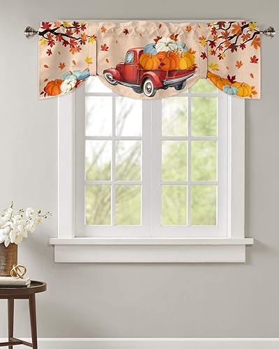 Miniatura 2 de Cenefas de otoño para ventanas de cocina, cenefa de cortina de calabaza de cosecha de camión rojo para cocina, sala de estar, cortina de ventana de