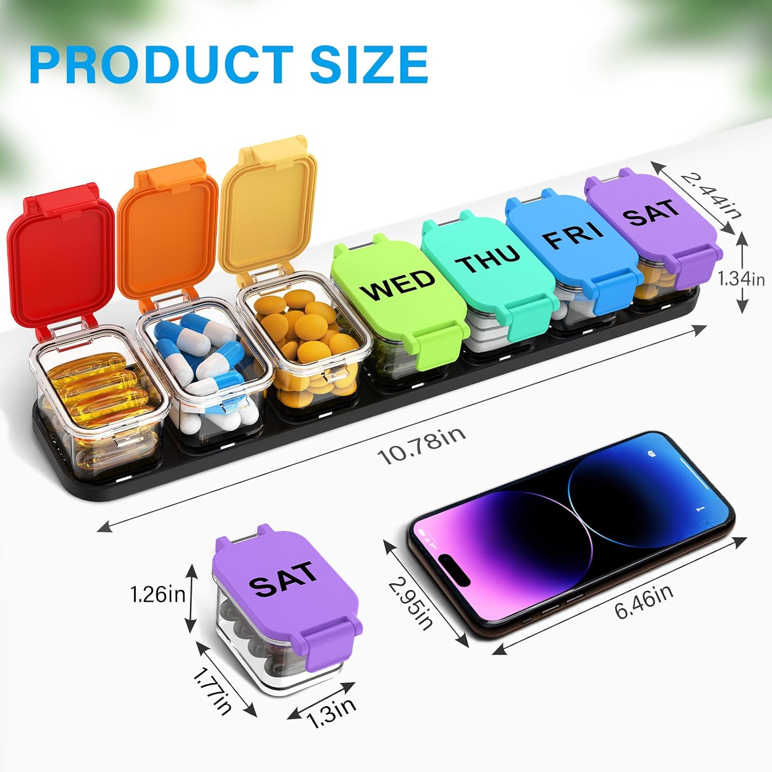 Extra Large Weekly Pill Organizer 7 Day - Portable Daily Pill Box with 7 Detachable Compartments, Vitamin Holder and Medicine Organizer for Supplements, Home and Travel, Rainbow