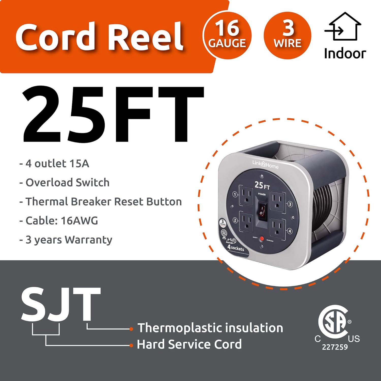 Super Cheap 🛒 Link2Home Cord Reel 25 ft. Extension Cord 4 Power Outlets - 16 AWG SJT Cable
