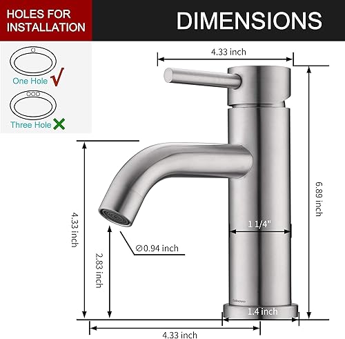 Miniatura 6 de Rainovo Grifo de baño de níquel cepillado, grifo de lavabo de baño de un solo agujero, acero inoxidable, moderno grifo de tocador de una sola