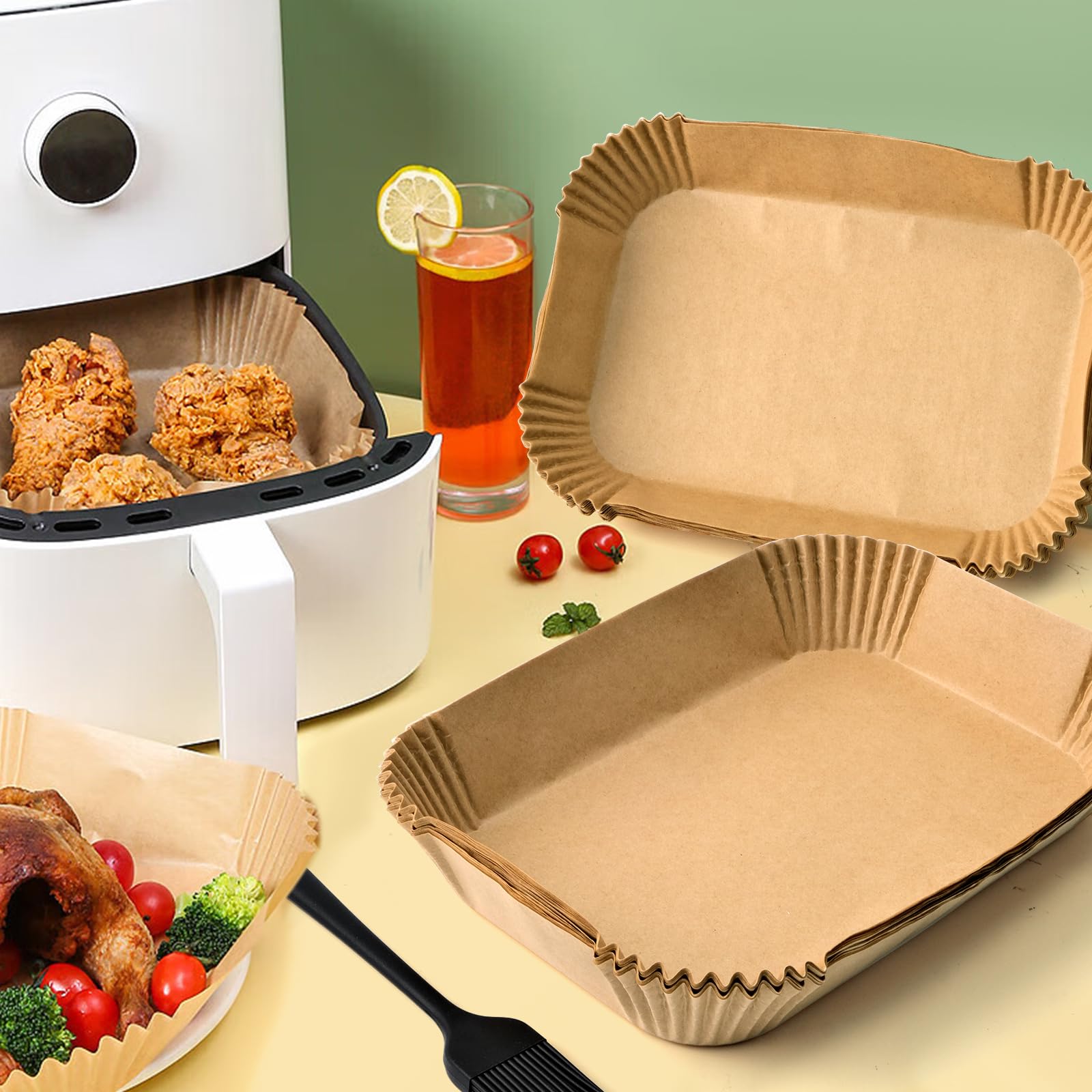 100 Stuks Airfryer Perkamentpapier, Airfryer Bakpapier 20cm Vierkant, Airfryer Bakpapier Antiaanbaklaag, Oliebestendig, Waterdicht voor Heteluchtfriteuse Oven Magnetron