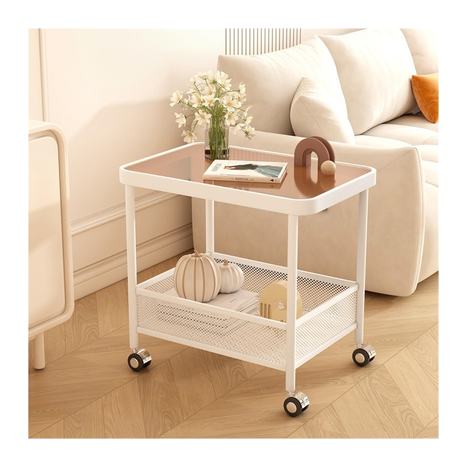 FZL02068LM Serving Trolleys Mobile Side Table, Double Layer Storage Rack With Wheels, Glass Snack, Floor Trolley, Kitchen Organization(Dark brown)