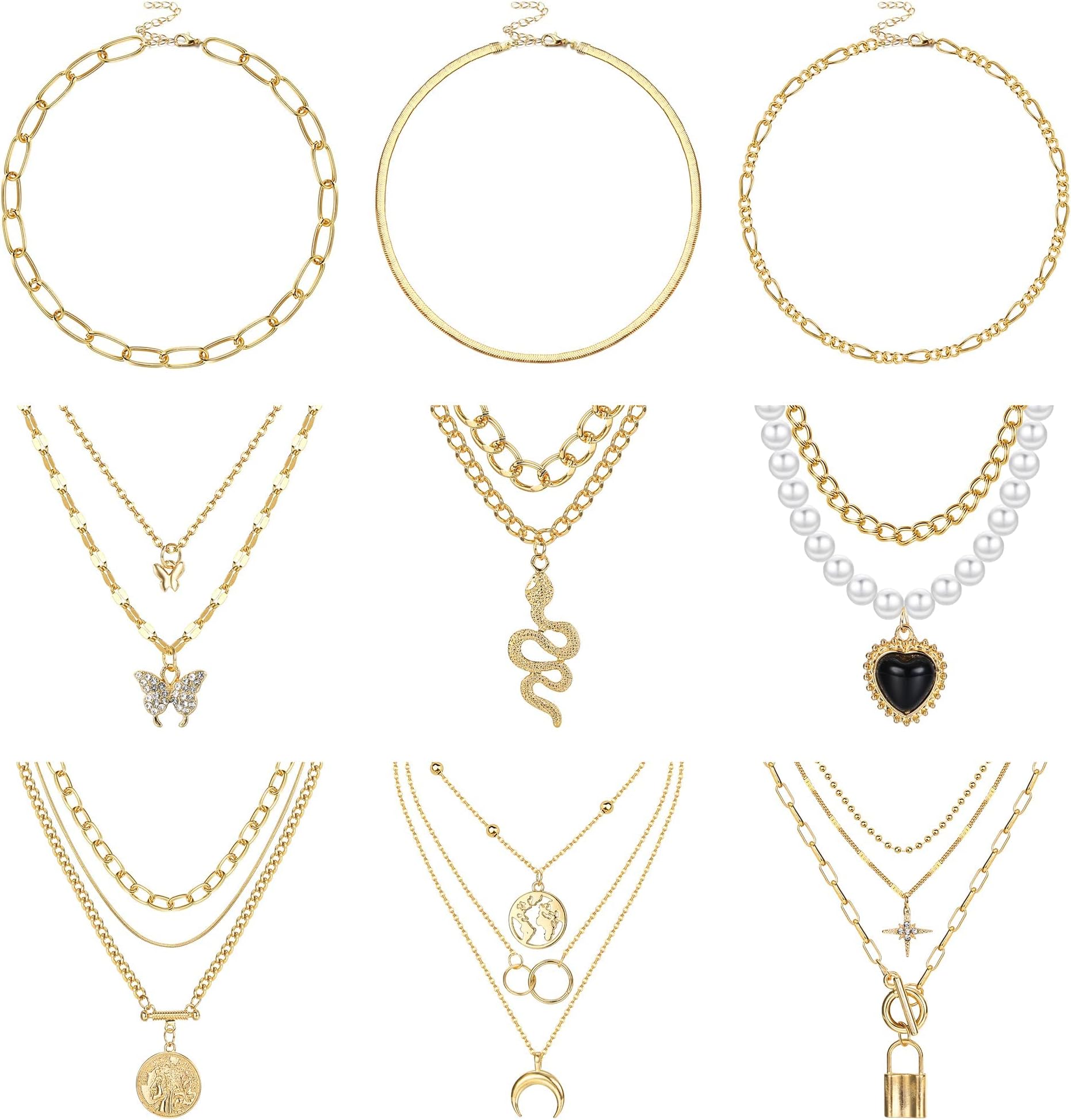 Kakonia9Pcs Layered Necklace for Women Chain Necklace Lock Coin Butterfly Snake Moon Heart Pearl Pendant Necklace Set for Women