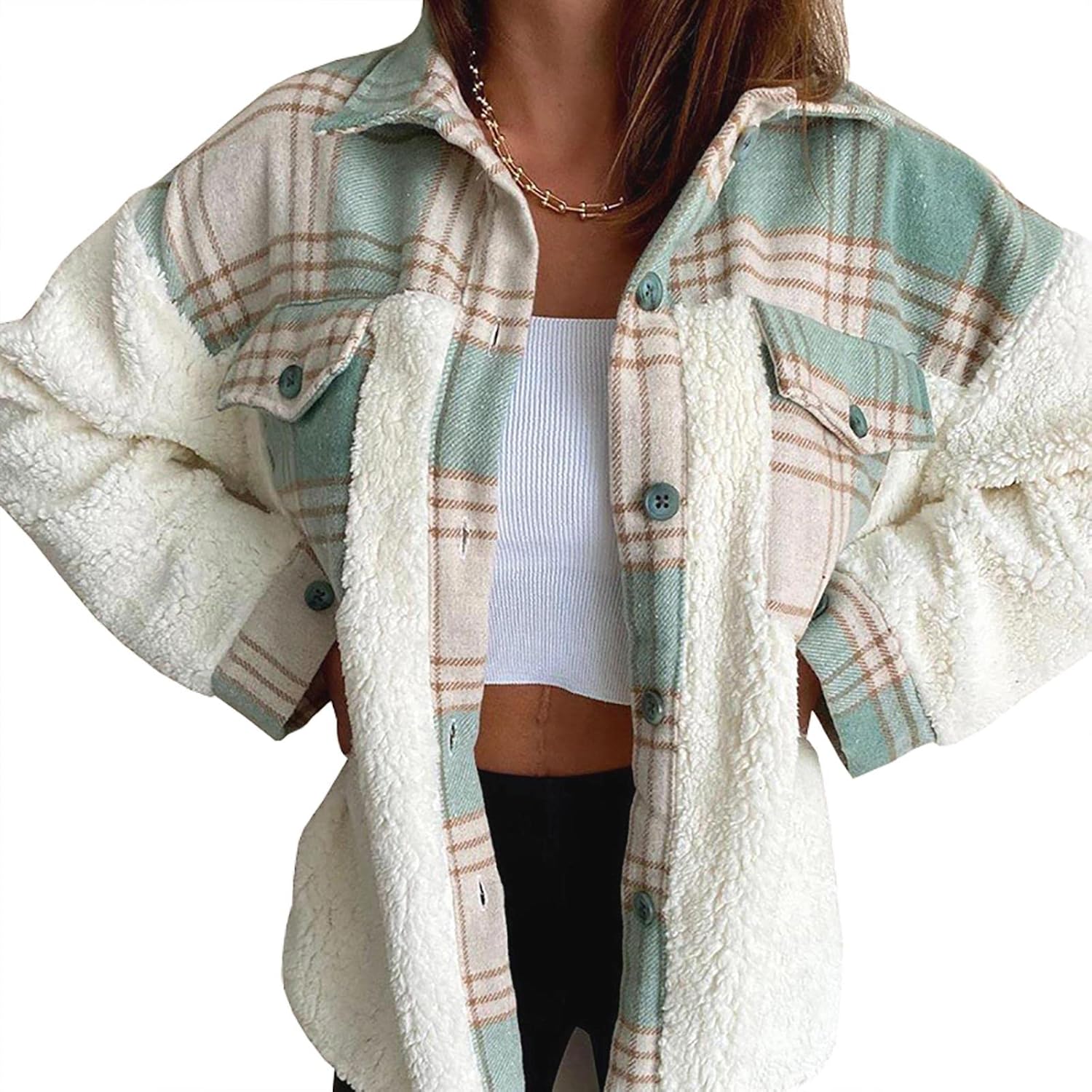 utcoco Women's Fleece Button Down Plaid Jacket