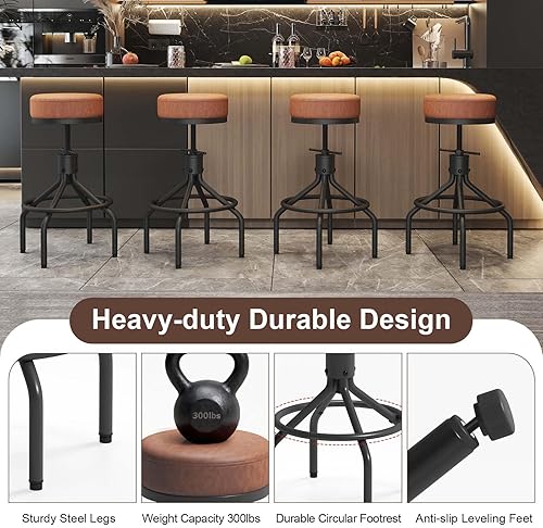 Miniatura 9 de Taburetes de bar industriales, juego de 2 taburetes de bar redondos giratorios ajustables, modernos de cuero sintético de 28 pulgadas, taburete de
