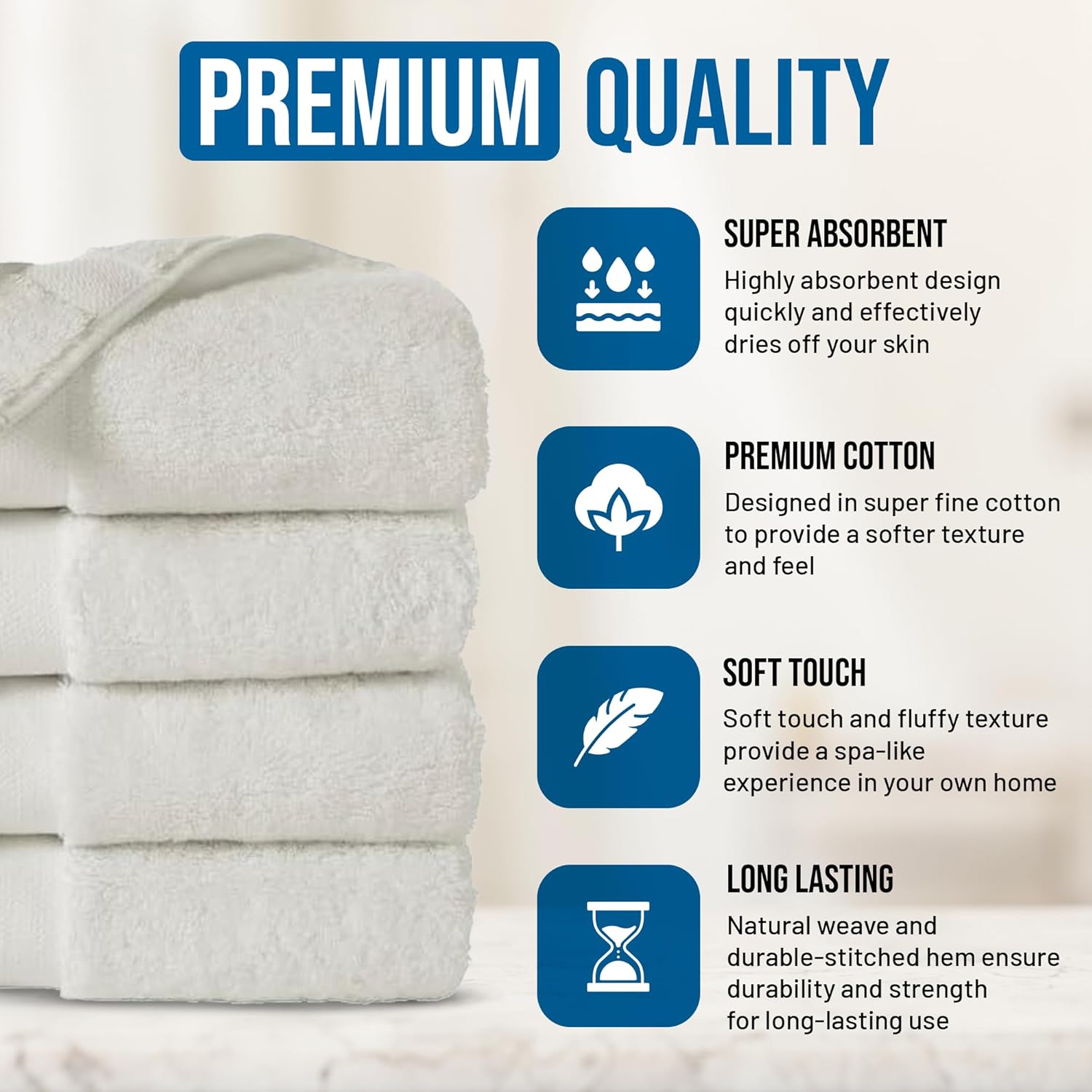 Organic Cotton Luxury Long Staple Cotton Plush Hand Towels Pack of 4 GOTS & Oeko- TEX Certified | Premium Soft, Absorbent & Quick-Drying Face Towels, Gym, Spa & Hotel Use – Ivory
