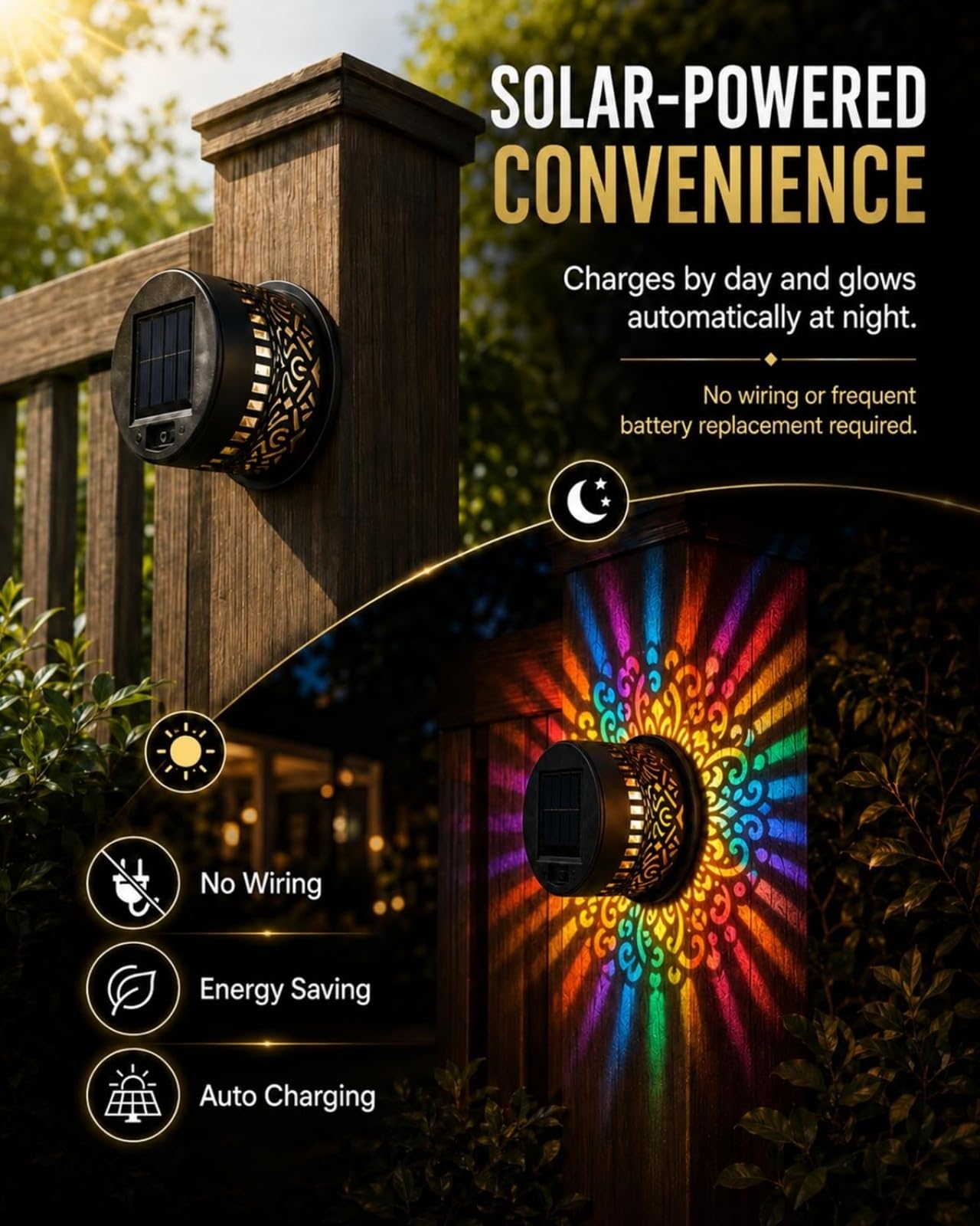 Decorative RGB Solar Mandala Lights, Luces Solares para Jardín y Valla, Resistentes al Agua, Ideales para Exteriores, Jardines, Patios, Macetas y Vallas (4PCS)
