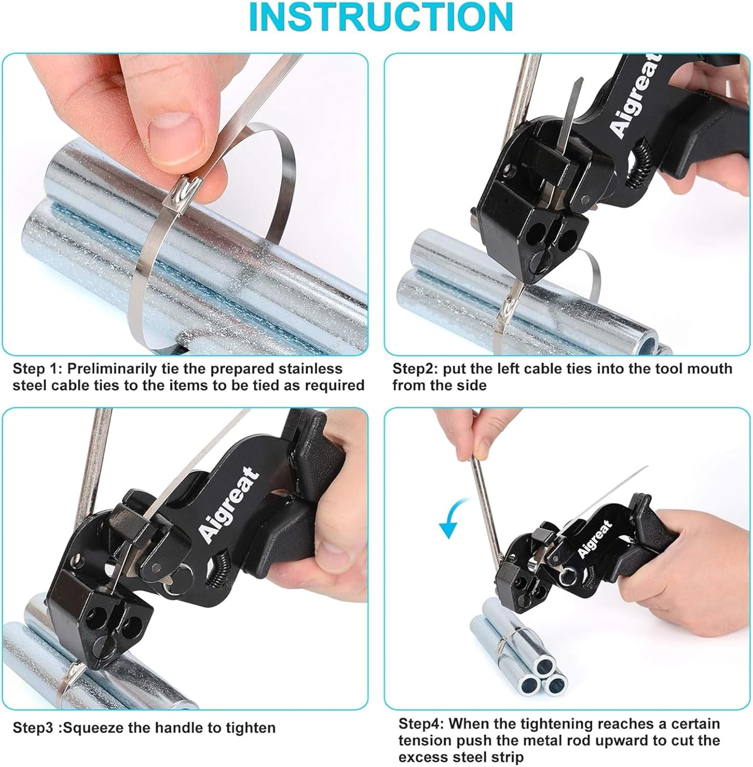 200PCS Metal tie wrap gun Kit, Aigreat Stainless Steel Cable Tie Gun Adjustable Tensioning and Cutting Tool with 200pcs 304 Self-Locking Stainless Steel Cable Ties of sizes 4.6x270mm