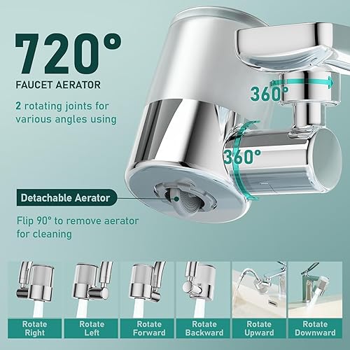 Miniatura 5 de ATQ Filtro de agua para grifo de fregadero con 3 filtros de repuesto que reduce el cloro, plomo, rotación de 720, 2 modos, filtro de grifo para