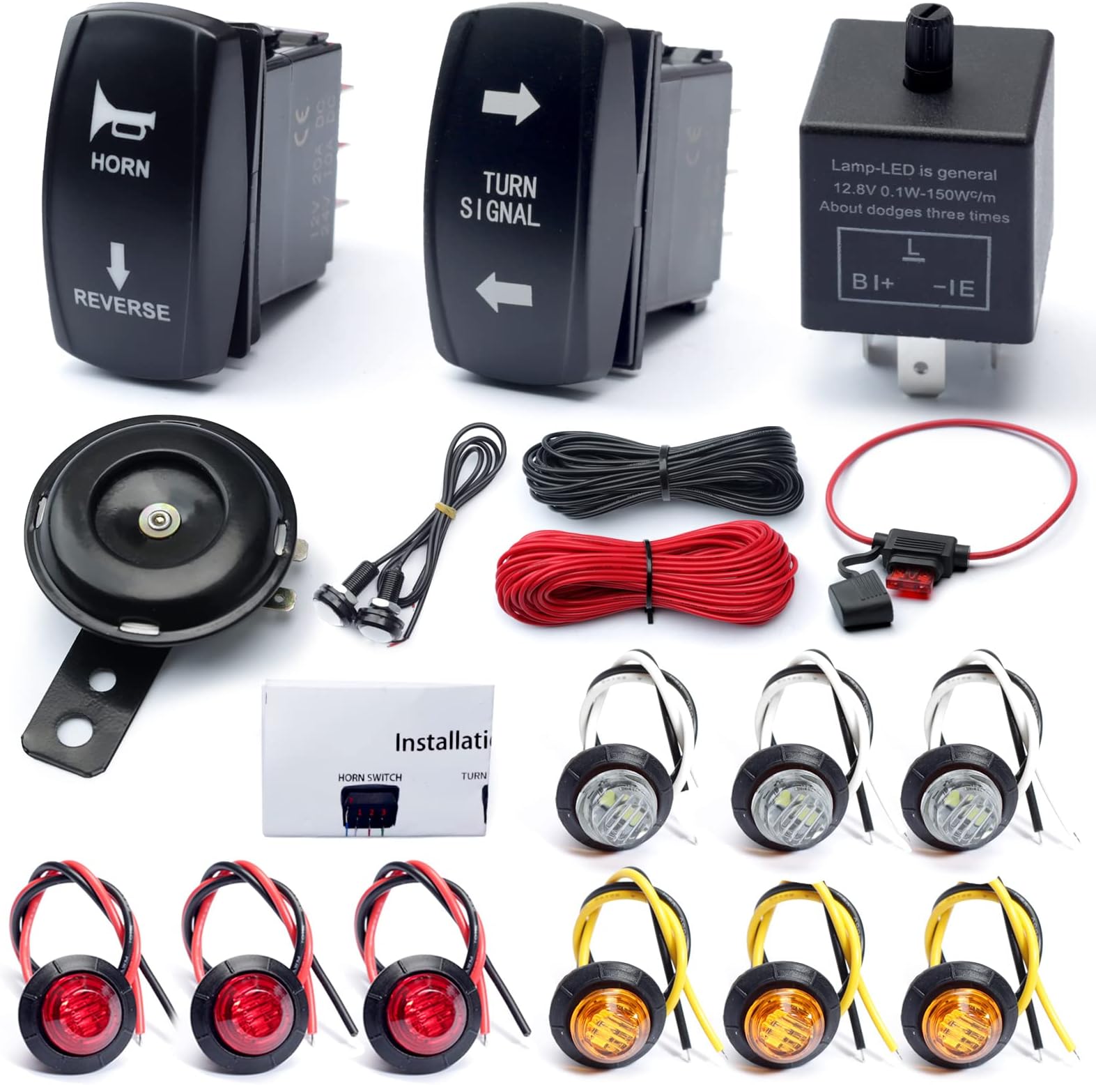 Universal ATV UTV SXS Turn Signal Street Legal Kit with Turn Signal Rocker Switch Horn Flasher Relay Fuse Line Reverse Light Compatible with Polaris RZR Ranger XP Turbo Can-Am Golf Cart Beach Cart