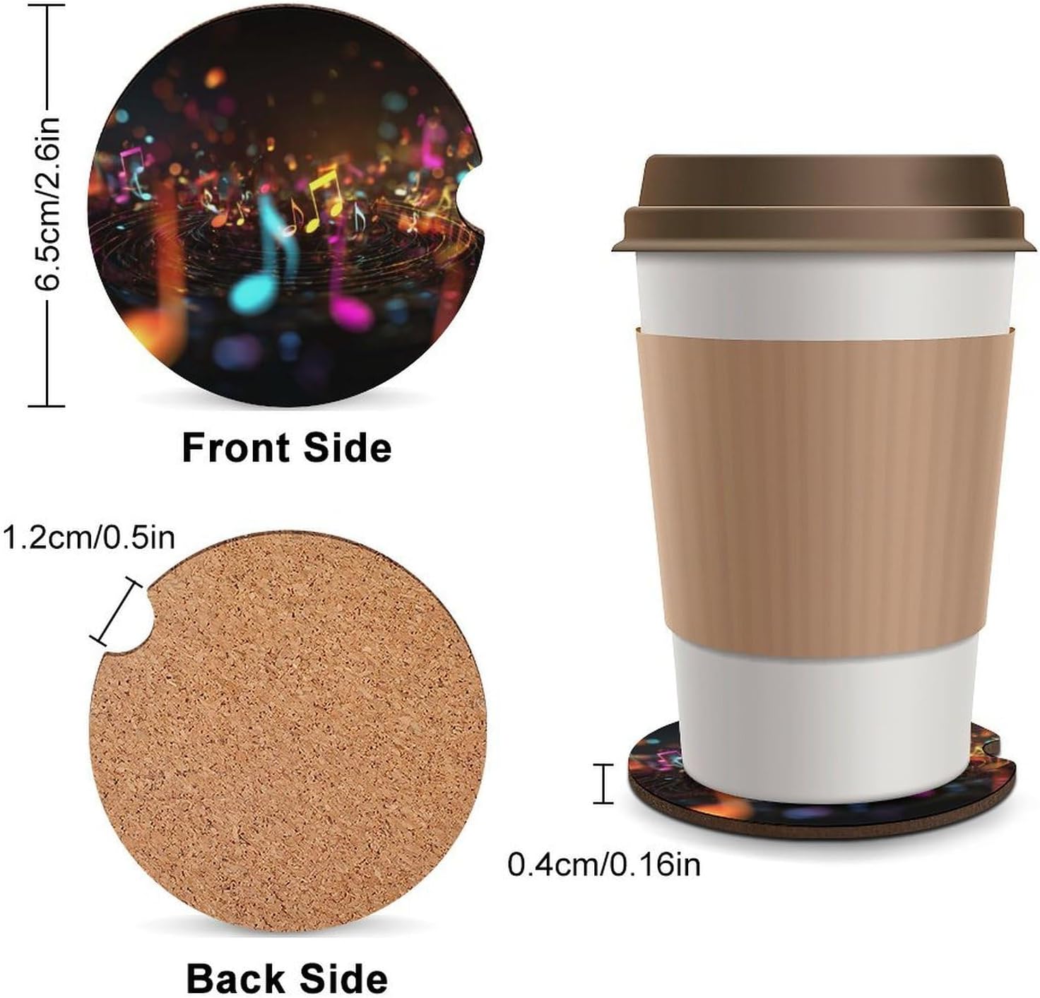 Car Coaster 6 Pcs Universal Car Cup Holder Colorful Music Notes Cup Coaster with A Finger Notch Non-Slip Drink Coasters Protective Auto Interior Accessories Cars Cups Mats for Most Vehicle image 2
