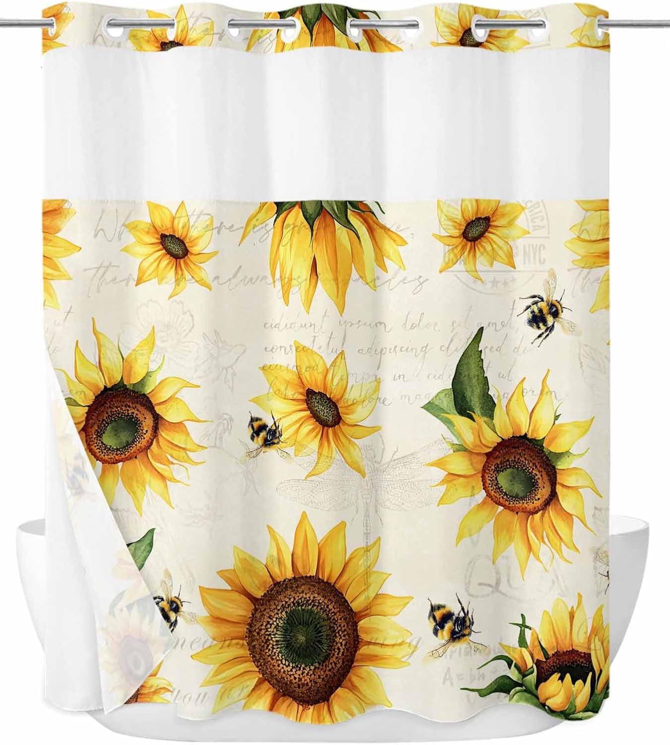 No Hook Shower Curtain with Snap in Fabric Liner Set Sunflower Shower Curtain for Bathroom Yellow Farmhouse Flowers Bath Curtains Waterproof Inner Liner with See Through Top Window for Spa Hotel 72x78