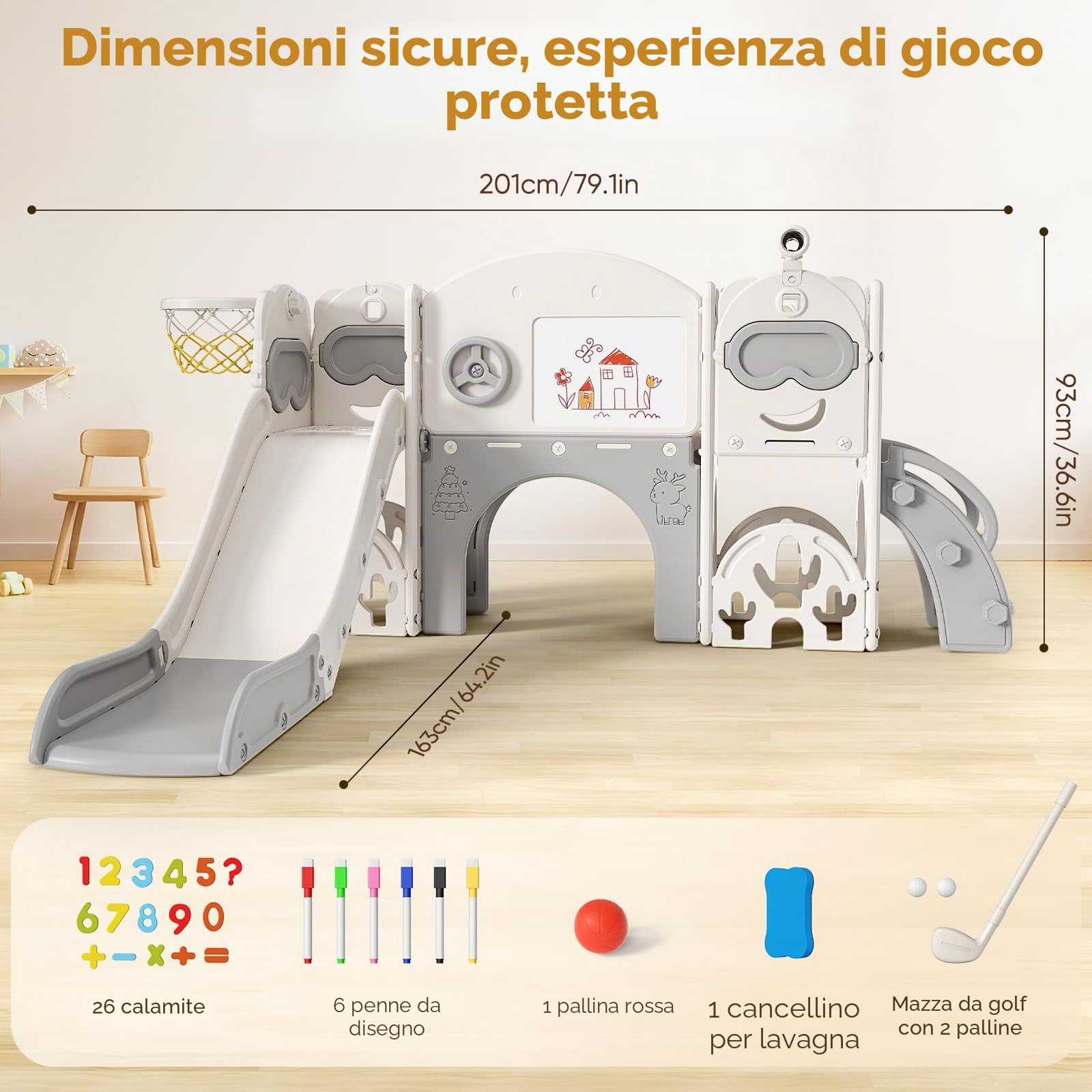 Scivolo per bambini 11 in 1, scivolo per bambini da interno ed esterno con canestro da grande con cestino da basket, telaio da arrampicata per giardino, spazio di archiviazione