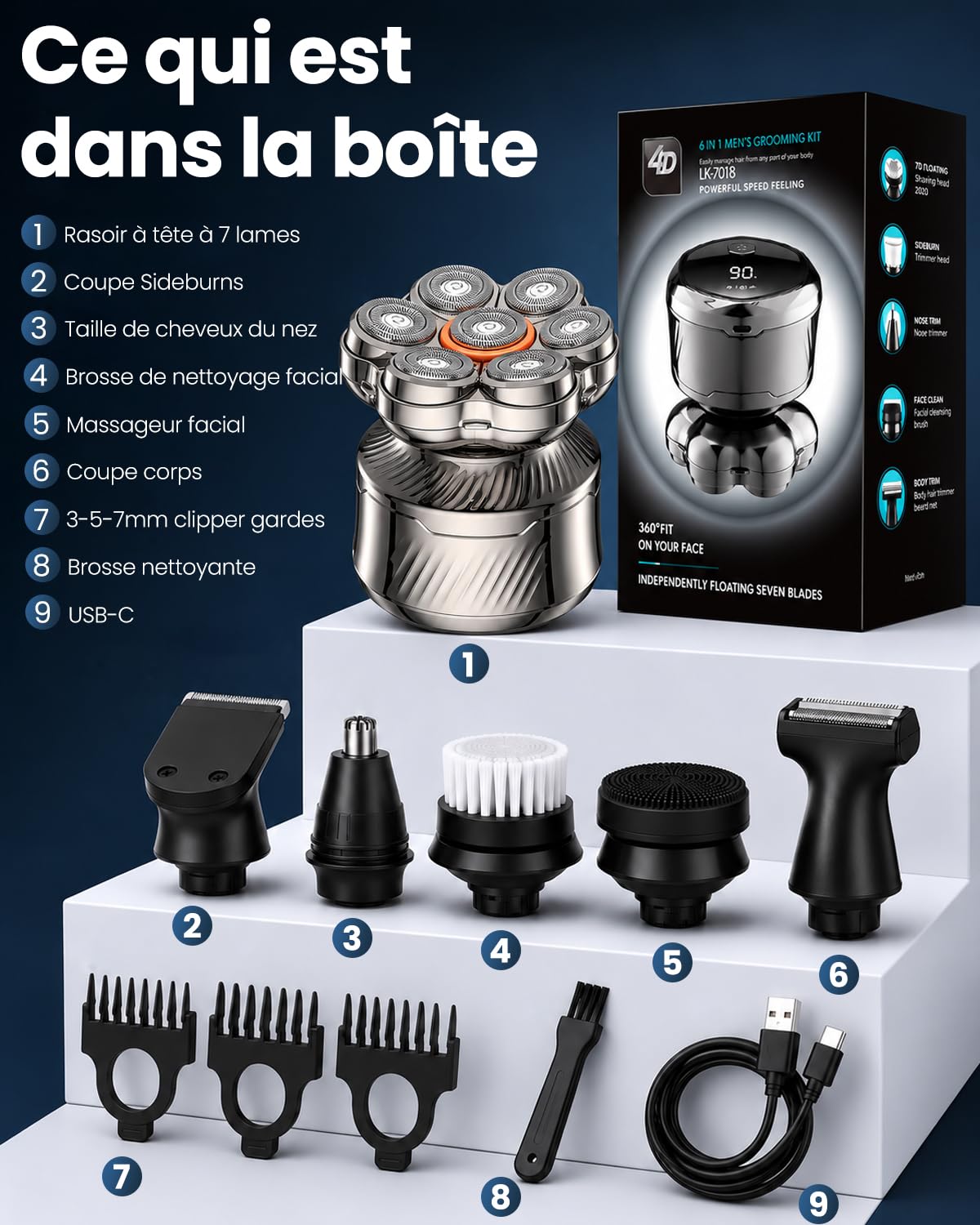 Rasoir Crâne Homme 7D, Rasoir Électrique 6 en 1 avec Têtes Flottantes, Tête Magnétique Amovible, Rasage Humide et Sec, Écran LED, Charge USB-C, Tondeuse Nez, Tondeuse Cheveux et Corps