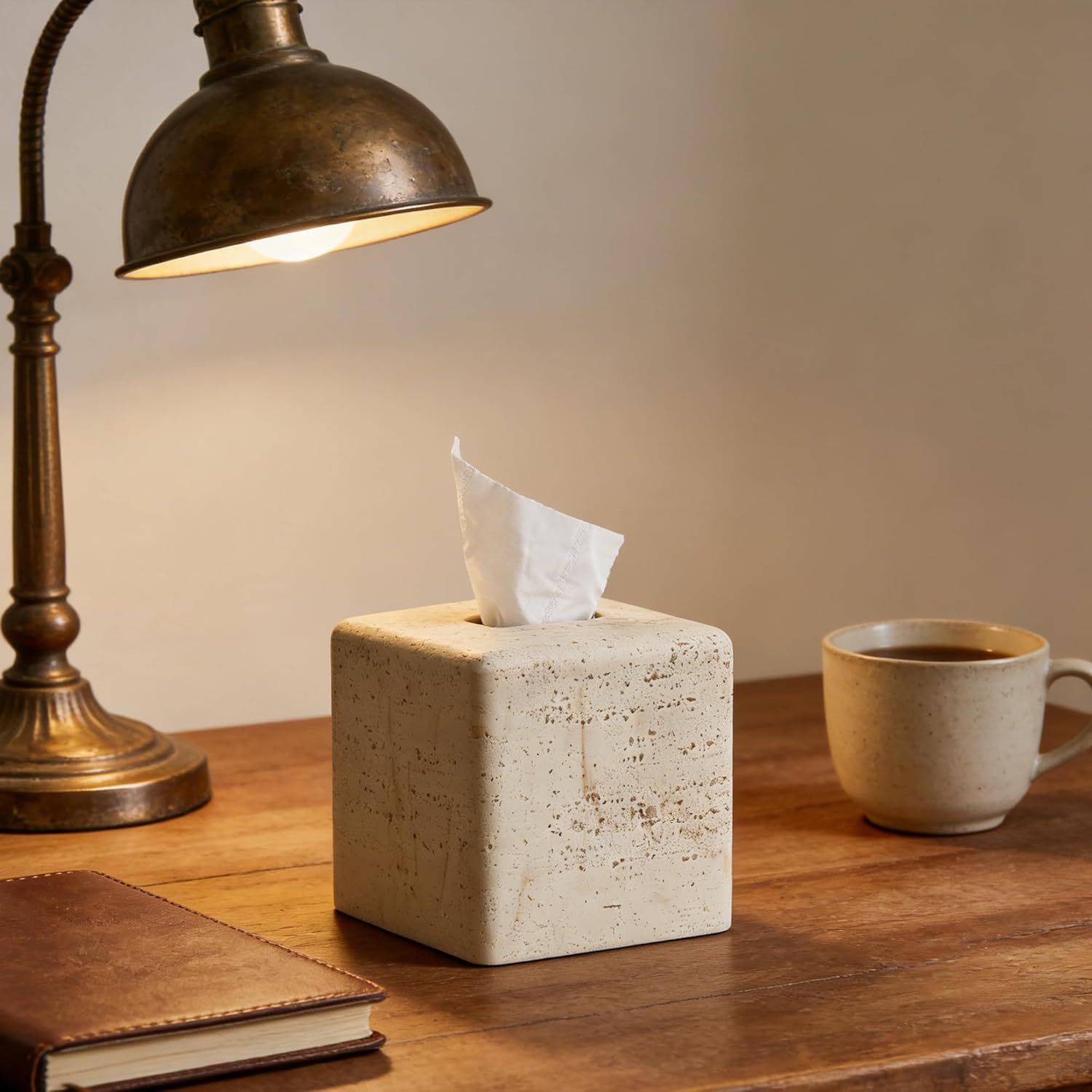 Natural Travertine Textures Tissue Box Cover Square for Home Decor,Resin Heavy Tissue Box Holder for Bathroom Countertop,Tabletop,Bedside Table,Office (Handmade of Resin)