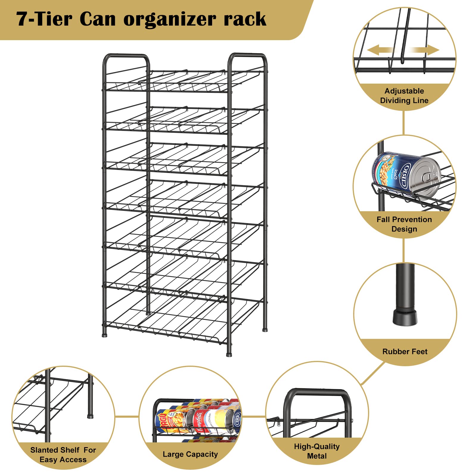 Kitchen Storage Can Rack Organizer, 7 Tier Stackable Can Storage Dispenser, Can Storage Organizer Rack for Canned food Kitchen Cabinet Pantry Countertop, Black