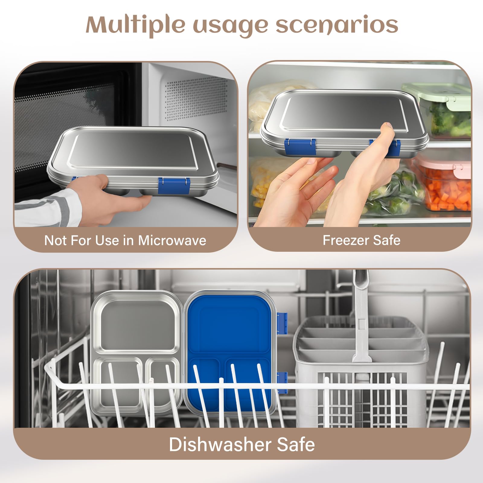 Fiambrera de acero inoxidable para niños, fiambrera de metal Bento a prueba de fugas, 3 compartimentos con recipiente de silicona, apto para lavavajillas, diseño adecuado para niños, para escuela
