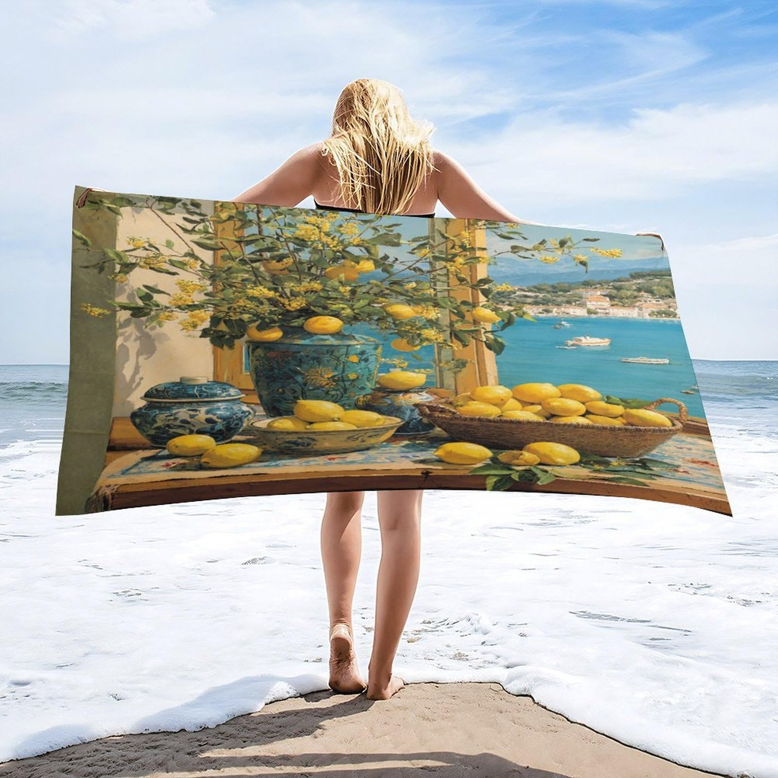 Luyysky Rustic Fantasy Fruit Lemon Absorbent Beach Towel, Funny Modern Nautical Window Landscape Coastal Plant Flowers Outdoor Single-Sided Velvet Beach Towel-80 W Cm X 160" L Cm